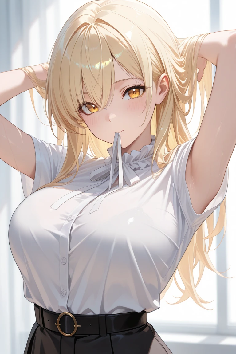 (masterpiece, Highest quality:1.2),(Shiny skin:1.6), Upper Body, Detailed cloth texture, Detailed hair texture, One girl, alone, 17 year old girl sexy pose, Long eyelashes, Part your lips, shining pink lips, Red eyes, (The body is slim:1.1), (Beautiful blonde hair:1.2), (Large Breasts:1.3), Floating Hair, (bangs), (school uniform,See-through white shirt:1.2), (Cleavage), (necklace, Earrings), Scared、View your viewers, (Cowboy Shot:1.5), Outdoor、Night Road、Street lamp、Hiding in a telephone pole、