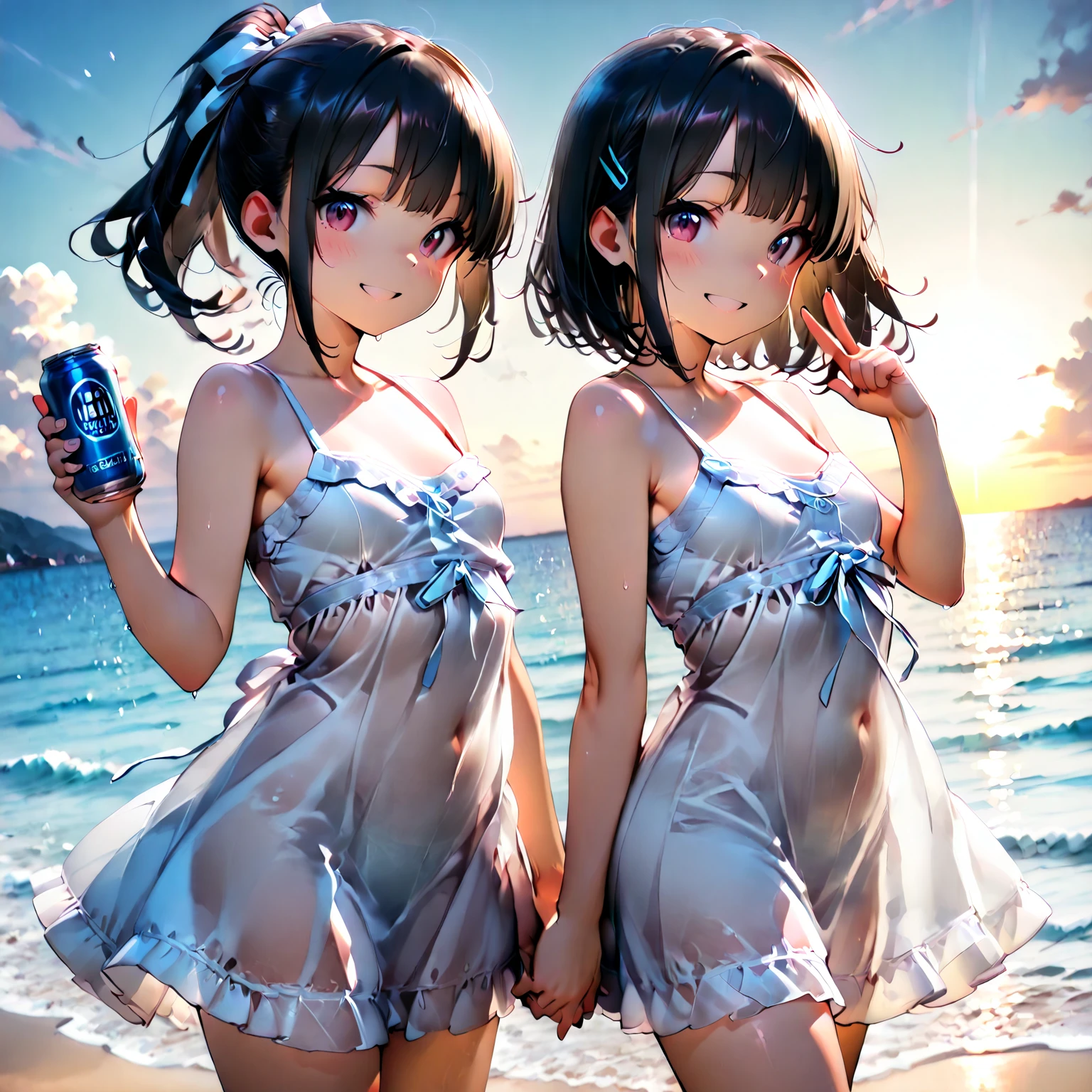 Two teenagers in wet white clothes partying on the beach