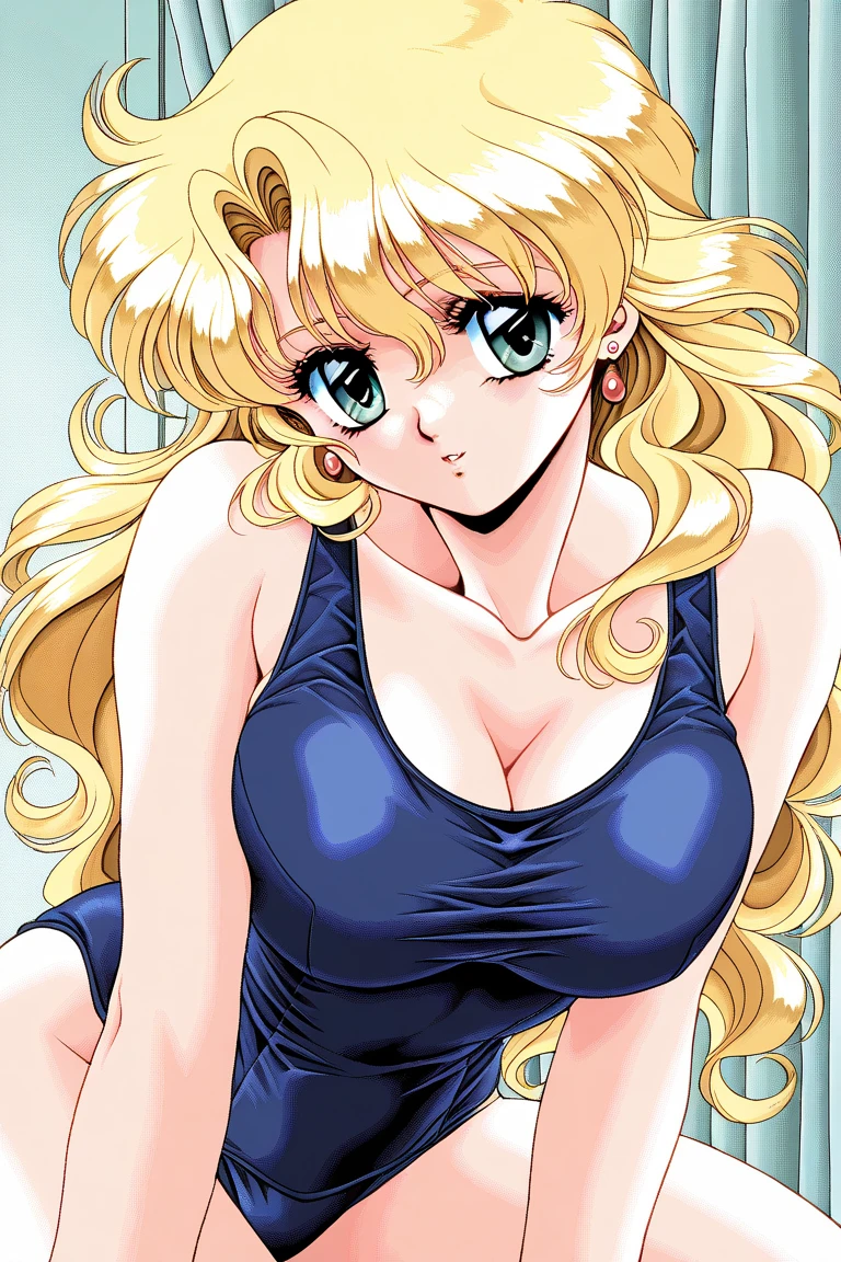 (masterpiece, best quality, beautiful and aesthetic:1.3), 1girl, light smile, solo, EPTakeuchiNaokoStyle, beautiful face, beautiful eyes, 1990s \(style\), anime screencap, retro artstyle, anime coloring, traditional media,red ribbon,blunt bangs,green eyes,ringlets, twin drills,blonde hair.lace, large breasts,princess,{{{shaded face,seductive smile}}},