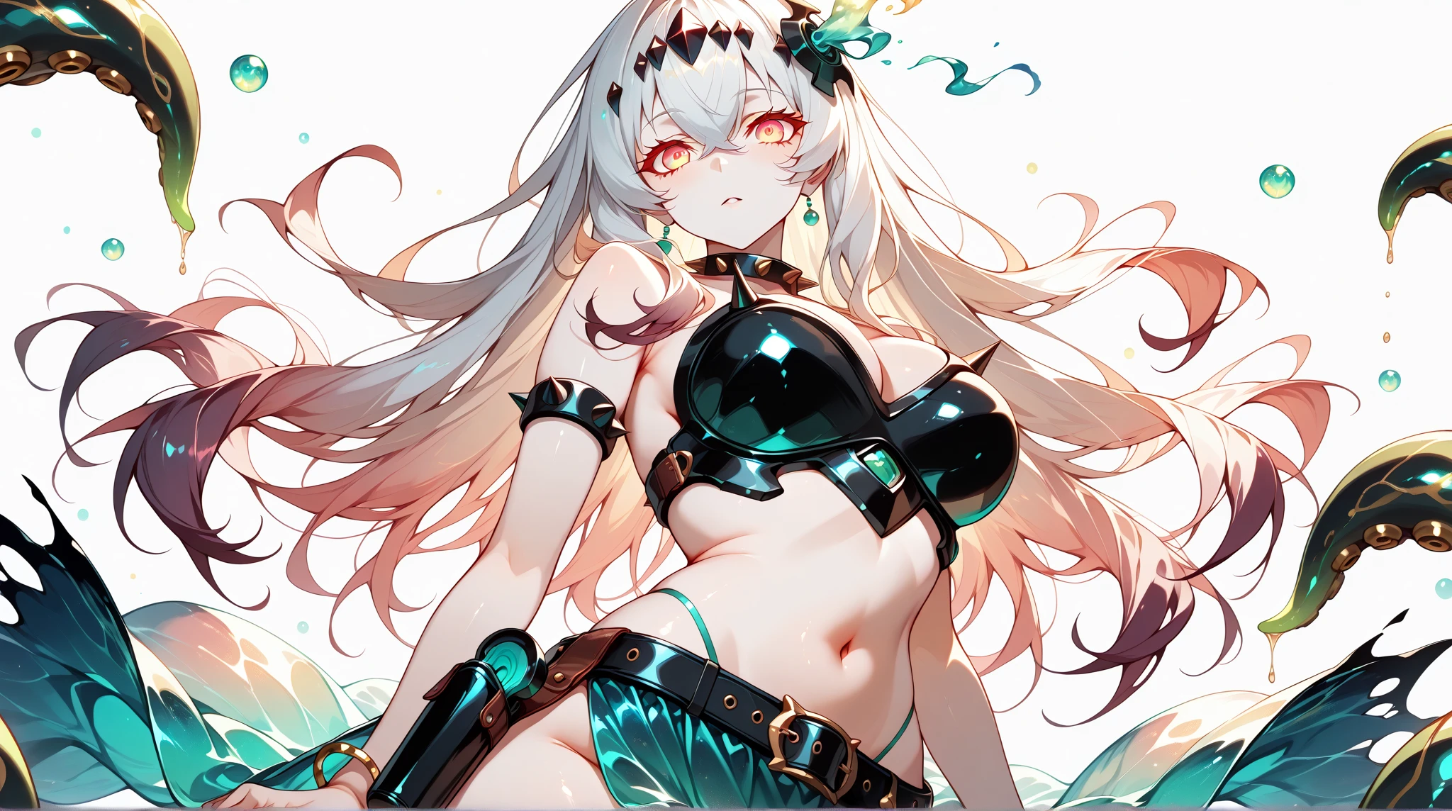 best quality, masterpiece, highres, solo, {mudrock_arknights:1.15}, horns, long_hair, bangs, red_eyes, pointy_ears, white_hair, breasts, hair_ornament, infection_monitor_\(arknights\), large_breasts, upper_body, oripathy_lesion_\(arknights\), cleavage, jewelry, parted_lips, grey_hair, hair_flower, 1girl, bare_shoulders, bikini, black_bikini, flower, looking_at_viewer, official_alternate_costume, swimsuit, necklace, yellow_flower, very_long_hair, choker, collar, armlet, navel
