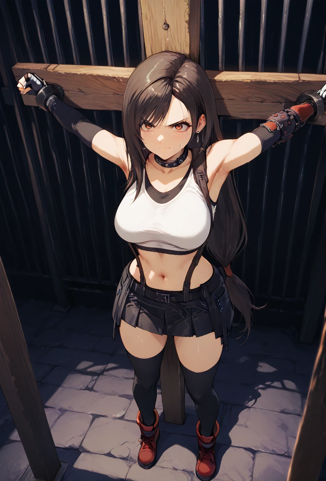 score_9, score_8_superior, score_7_superior,4K, ,break , stare into the distance,nsfw,sitting ,close legs,(presenting nipple:1.5) 、(from the front,Top Angle),Are standing,Straight,(Shirt lift,Down_tits),(superiorperbody),Looking_in_Audience ,Realistic、One girl, Tifa Lockhart, Final Fantasy, puppet,Black Hair, Long hair tied low, Red eyes, bangs, White tank top, belt, pleined skirt, Knee socks, Elbow fingerless gloves, Elbow pads, abdomen, belly button,suspender mini skirt, ,big_chest,White lace panties,(Curvy waist), ,一人in,(Dark Dungeon at Night), ,Toned Up,,Detailed skin,,((Highest quality)),,(beautiful,very beautiful),(Beautiful body),(超High resolution,High resolution),Very detailed,Sharp focus,Depth of written boundary,,Professional Lighting,cineminic lighting,