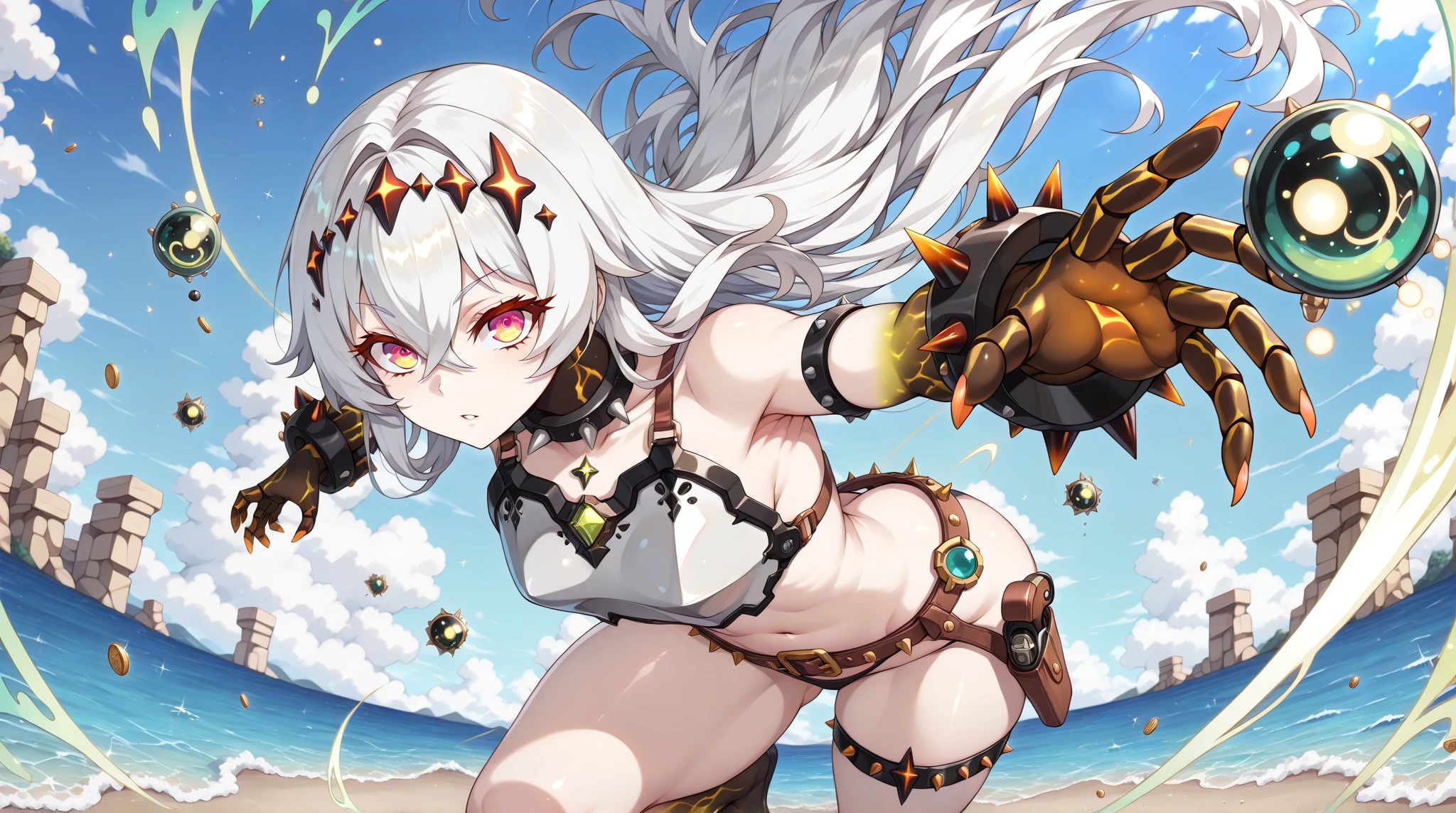 masterpiece, mountainous horizon, black robe, (((((black bikini armor))))), nsfw, , 1 girl, blonde, Ruby Eye, ((((((hair over one eye,)))))), Braidスタイル, spike hair, dull bangs, bob hair, Braid, Ahoge, cute eyes looking at the viewer From the side, ((from front)), (((abs))) , ((looking up:1.3)), simple eyes, (fang), ((group sex))