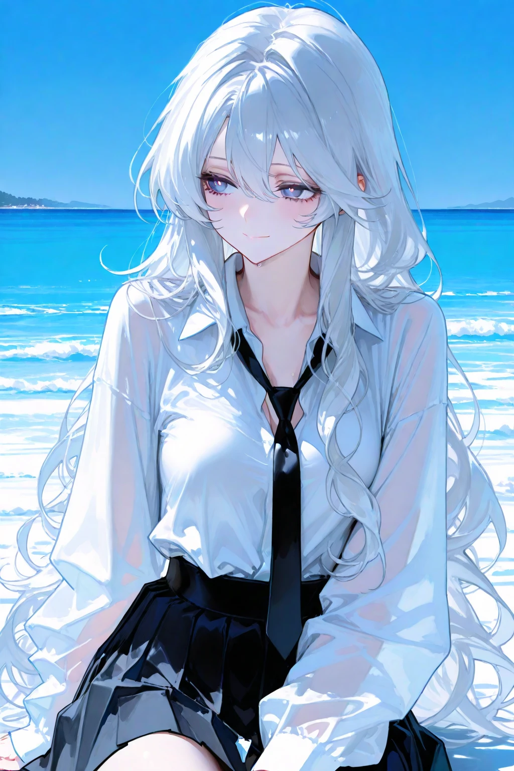 best quality,ultra high res,1girl,solo,upper body,JK,ponytail,white hair,blue eyes,school uniform,white skin,(pale skin:0.5),city,street,beach,sea,
