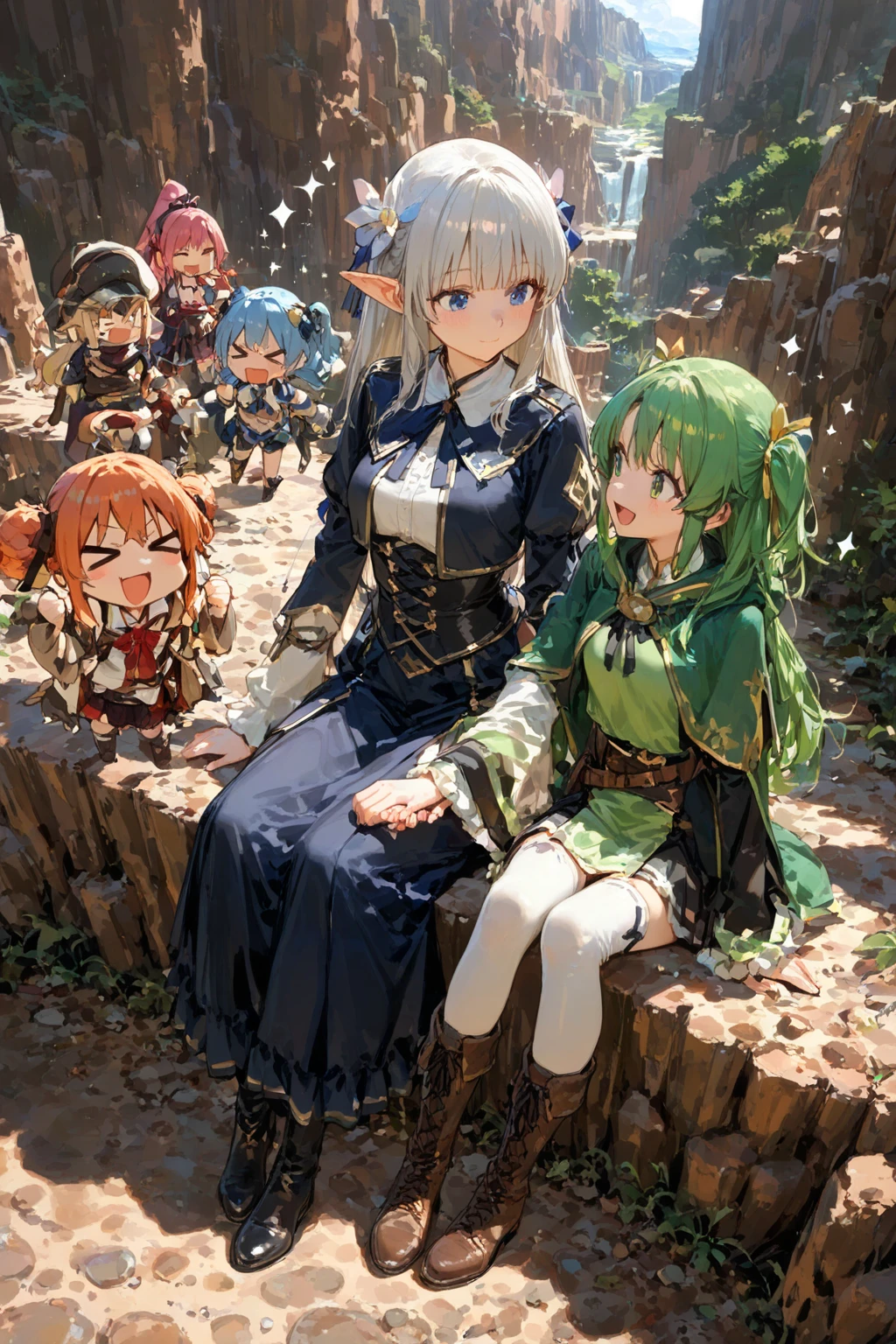 Anime characters in costume drawing in the forest, anime in fantasy style, :14 80s anime style, anime style like fate/Stay Night, Anime princess, my dress up darling anime, anime styled, Gainax anime style, witch academia, anime party of friend of wisdom, 9 0 s anime art style, cel shaded anime