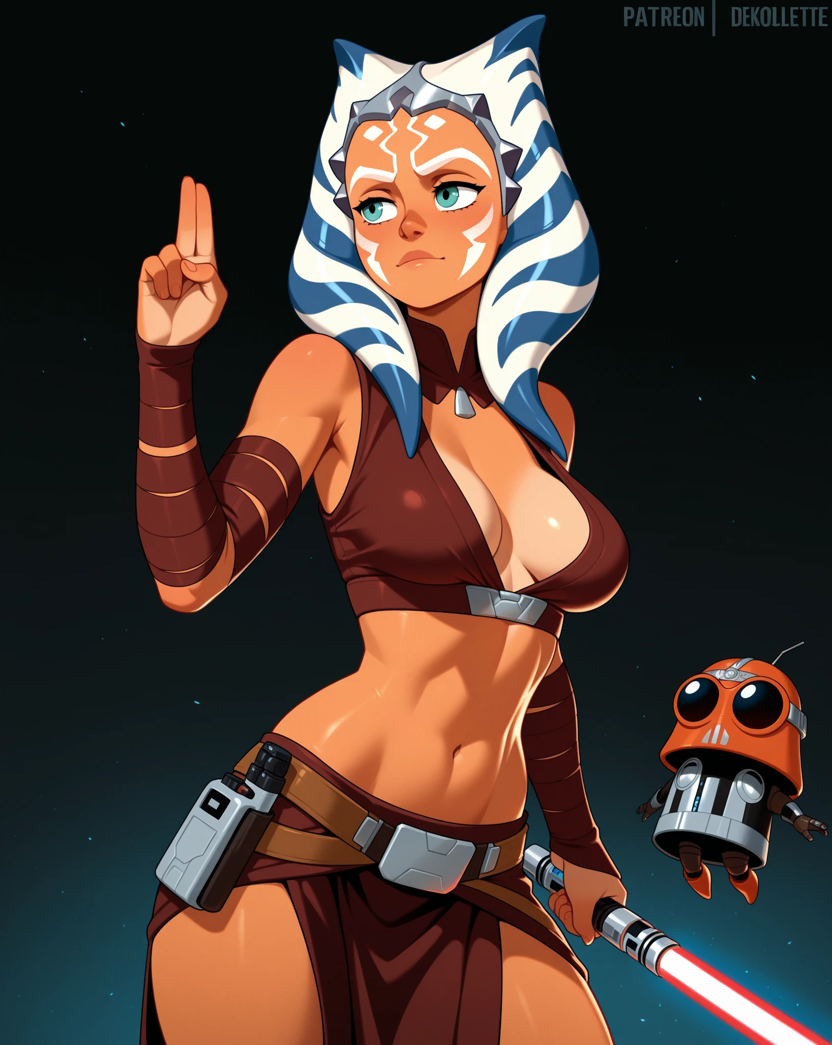 (masterpiece, best quality), 1girl, beautiful face, ahsoka_tano, orange skin, facial mark, tattoo, cleavage, sexy, big breasts, holding light saber with her hands, grabbing light saber, serious look, curvy body, sexy thighs, sexy legs, full body shot