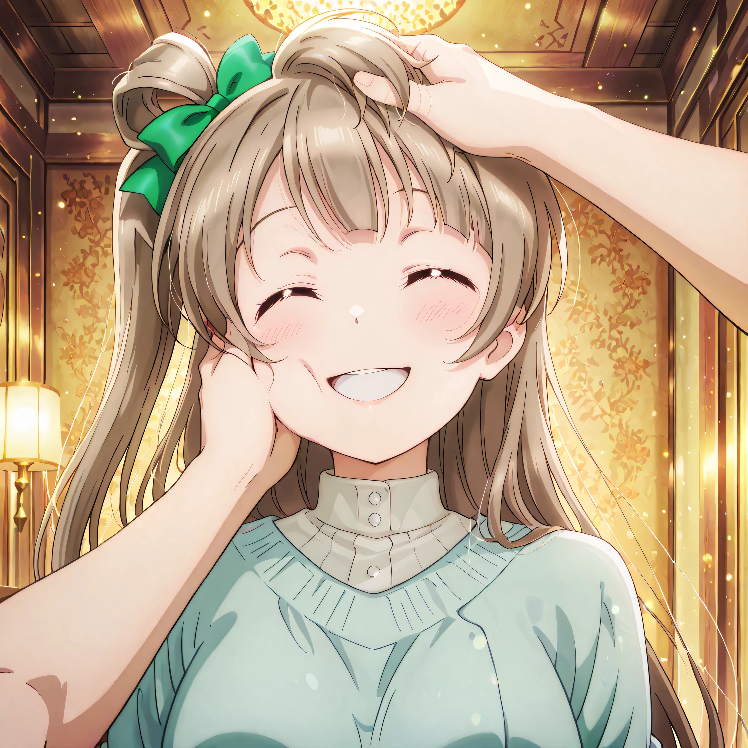 score_9 , score_8_up , score_7_up , source_anime 4k , ultra-detailed , absurdres , high resolution , beautiful lighting , cinematic composition 4k masterpiece, best quality, girl, beautiful face, clean skin, shiny hair, shiny skin, beautiful face, perfect eyes, 4k high quality eyes, high quality brightness, best quality, 4k very aesthetic, absurd, perfect body quality, beautiful curves, perfect, perfect genitals, beautiful ambient light, beautiful aesthetics, very realistic scenery, 4k high quality, masterpiece, best quality, absurd, latest, high resolution, official art, best quality, absurd, latest, high resolution, official art, screenshot, anime screenshot, anime coloring, 1girl kotori minami, minami kotori, brown hair, one side up, hair ribbon, ribbon, long hair, mature female, large breasts, <lora:pov-cheek-and-head-pat-illustriousxl-lora-nochekaiser:1>, pov cheek and head pat, pov cheek and head pat (meme), looking at viewer, blush, smile, open mouth, upper body, closed eyes, solo focus, pov, hand on another's head, pov hands, headpat, hand on another's face, hand on another's cheek, petting,