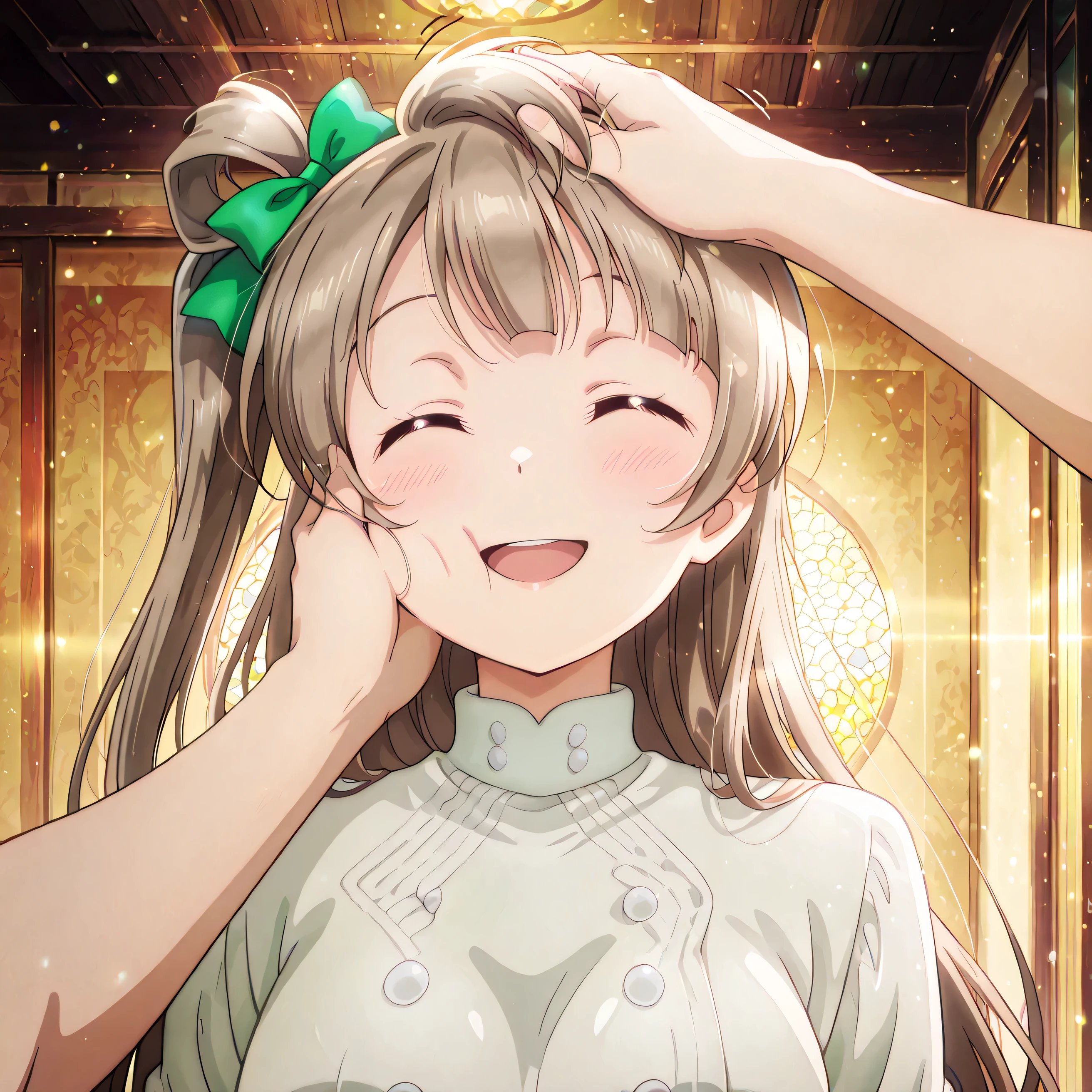 score_9 , score_8_up , score_7_up , source_anime 4k , ultra-detailed , absurdres , high resolution , beautiful lighting , cinematic composition 4k masterpiece, best quality, girl, beautiful face, clean skin, shiny hair, shiny skin, beautiful face, perfect eyes, 4k high quality eyes, high quality brightness, best quality, 4k very aesthetic, absurd, perfect body quality, beautiful curves, perfect, perfect genitals, beautiful ambient light, beautiful aesthetics, very realistic scenery, 4k high quality, masterpiece, best quality, absurd, latest, high resolution, official art, best quality, absurd, latest, high resolution, official art, screenshot, anime screenshot, anime coloring, 1girl kotori minami, minami kotori, brown hair, one side up, hair ribbon, ribbon, long hair, mature female, large breasts, <lora:pov-cheek-and-head-pat-illustriousxl-lora-nochekaiser:1>, pov cheek and head pat, pov cheek and head pat (meme), looking at viewer, blush, smile, open mouth, upper body, closed eyes, solo focus, pov, hand on another's head, pov hands, headpat, hand on another's face, hand on another's cheek, petting,