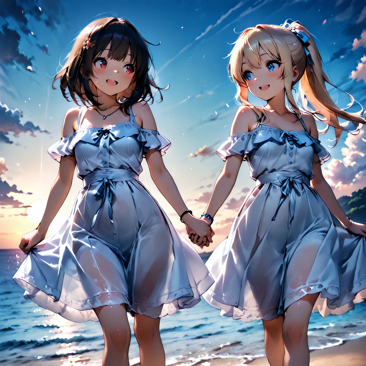 Two girls, 1 with short shoulder length blonde hair with blue ocean eyes and long eyelashes, the other  with long brunette hair with blue eyes and long eyelashes, wearing cute dresses 