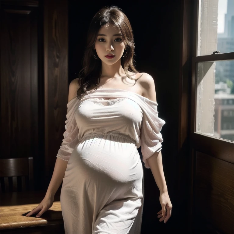 (Best Quality, 8k, 32k, Masterpiece, UHD: 1.2), Photo of cute Japanese woman in her late 30s, 1 girl, ((huge pregnant)), (Big breasts), Tall woman, Slender figure, Realistic teeth, (Long dark brown hair ), double eyelids, mini skirt, keep stand, full body