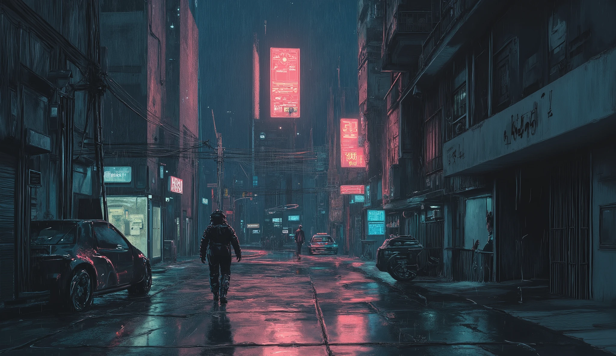 Illustration,ArsMJStyle , vaporwave,a digital painting of,in the style of simon-stalenhagThe photorealistic and detailed images embody the world of Katsuhiro Otomo's "AKIRA." The overwhelming realism of 8K resolution vividly depicts the unrealistic dark space. The realistic lighting is reminiscent of 1980s anime. Rain pours down on the streets of Neo-Tokyo. The camera zooms in on the rain-soaked road. A close-up of the feet of a person walking down the street in near-future Neo-Tokyo evokes the world of Katsuhiro Otomo's "AKIRA."