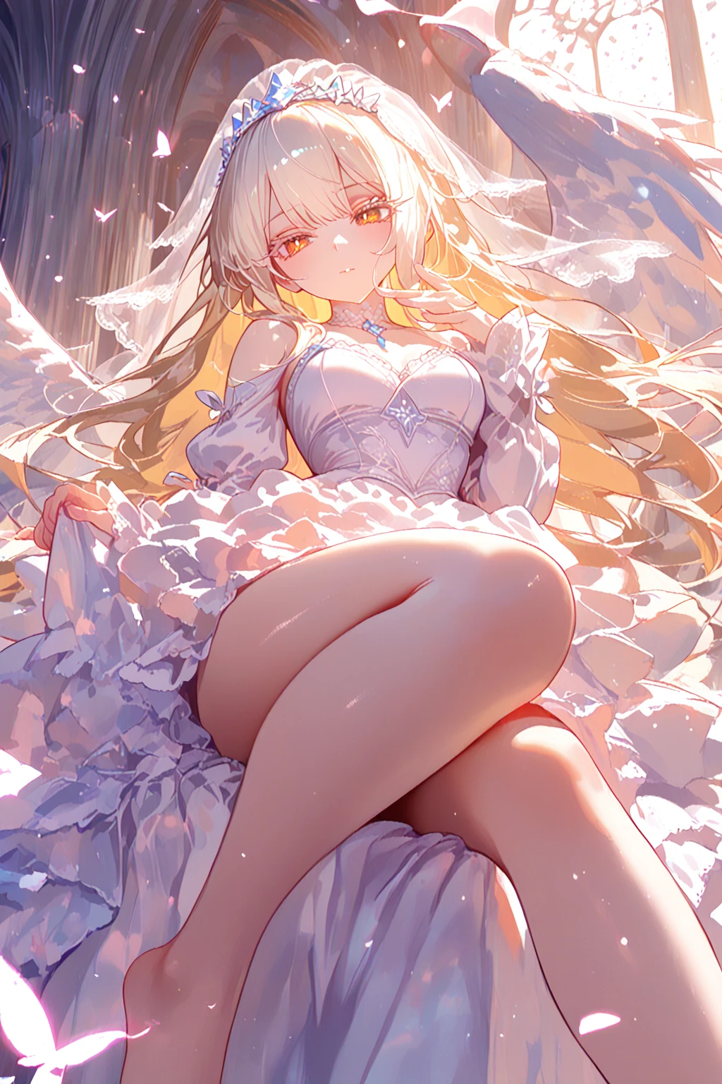 (depcit little young girl), (((white lace panties and elegant white lingerie))), ((white panty transparent)), blond hair, long hair, straight hair, blue eyes, thin , small breasts, (topless), nice hips, open shoulders, (((sassy))), back arched, kneeling