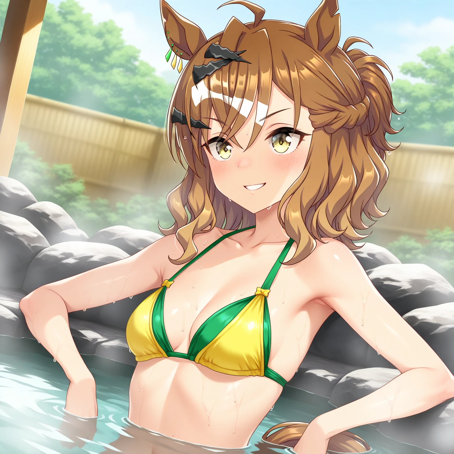 1girl, solamente, Misaka Mikoto, pelo corto, brown hair, brown eyes, orejas falsas animal, Orejas de gato, sonrojarse, bikini, bragas, swimming suit, de pie, bragas, inclinado adelante, orejas de gato negras, sitting,