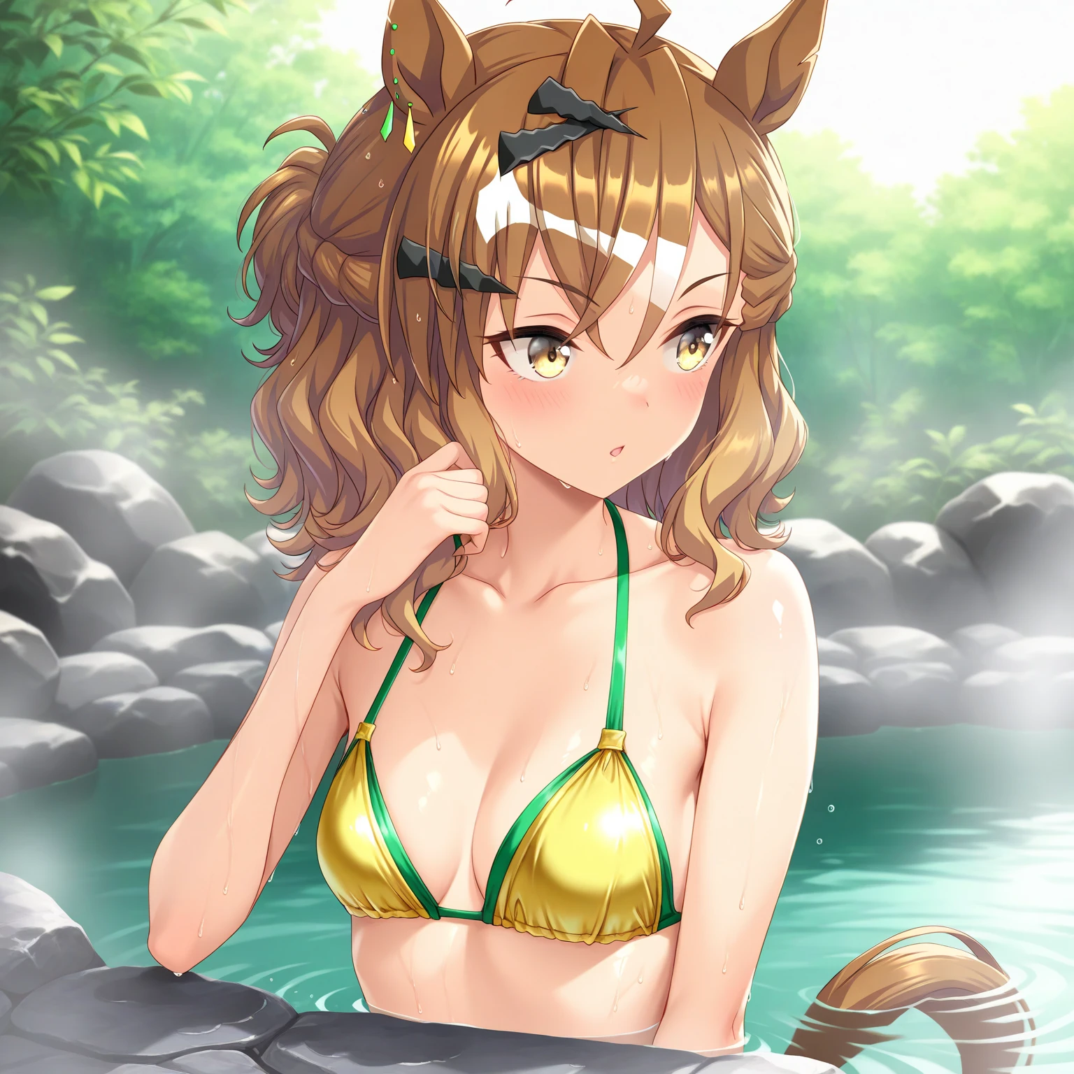 master peice,hyper quality, hyper detailled,Perfect drawing,Hi-Res、独奏、beautiful a girl、bbw、Leaf pattern bikini、Beaver ears:(0.5)、(Beaver's nose)、((Beaver's mouth))、(((Beaver teeth)))、Small eyes、((Beaver's tail))、Beaver's palm、Beaver's paws、Beaver's fingers、sharp claws、Beaver fangs、Hunter's eyes aiming for prey、Mesh for black and light brown hair、Sharp eyes、Height 170cm、MeasurementsB90W60H90、Kneeling、pow pause、(((lakesides)))、beatiful backgrounds、Accurate drawing、Detailed drawing、