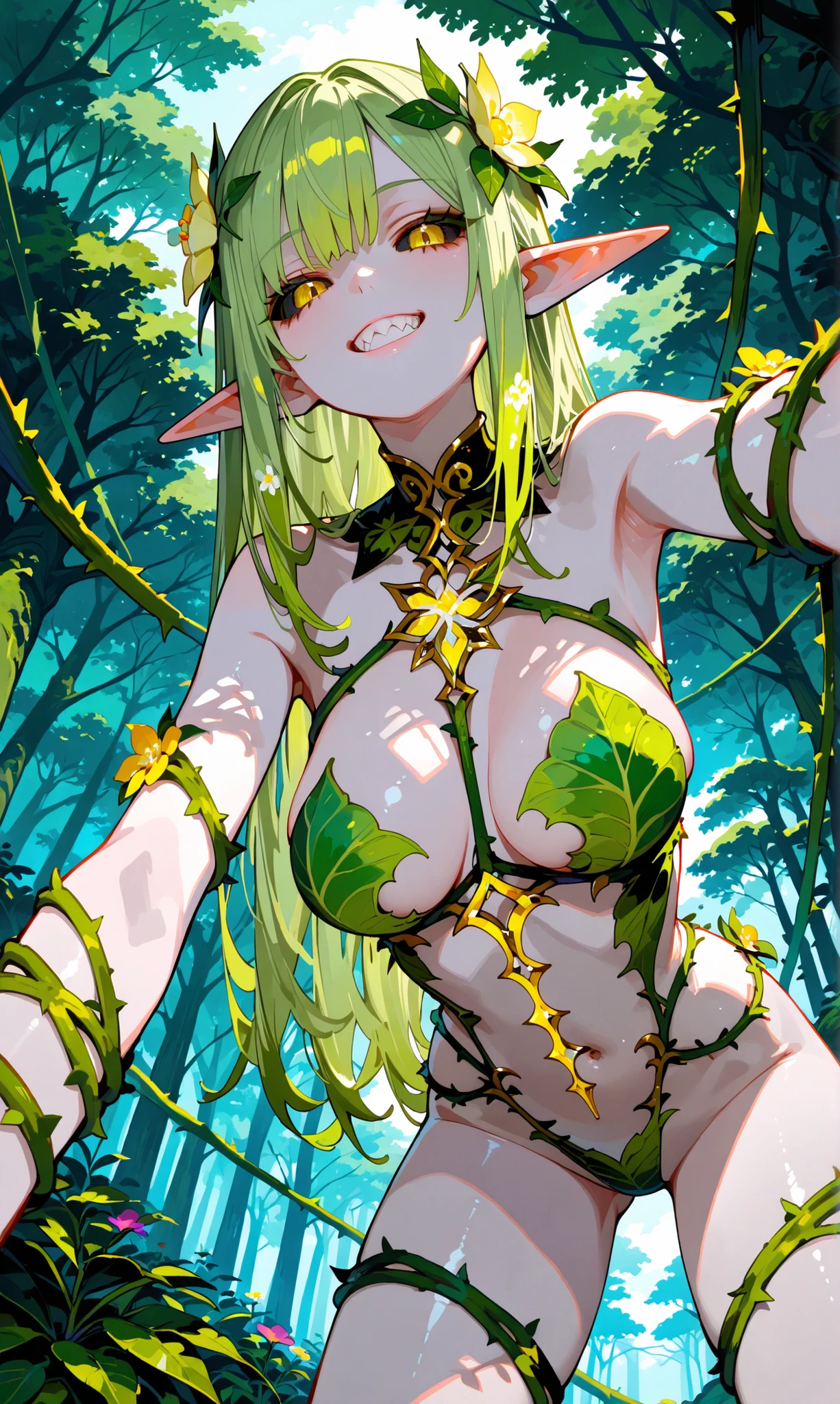(depict girl surrounded by vines, long blond hair, straight hair), forest, small breasts, shy, (((bondage))), (((natural gag vines))), (bound with natural vines), (arms behind back), plants vines around chest), (Masterpiece, Excellent, complex details),  delicate girl, delicate face