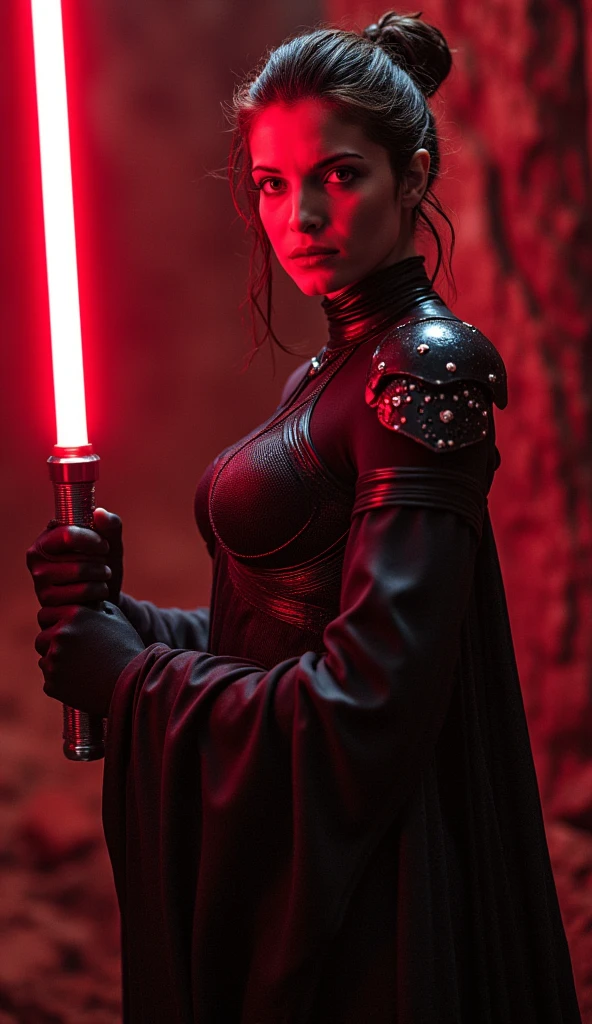 ((Rachel Bilson as Darth Vader in Starwars, movie scene, holding red color lightsaber, wearing darth vader armor, show face)), (dynamic pose), (medium natural breast, nippin, cleavage), (hyper realistic:1.4), (realistic:1.3), (best quality real texture skin), full body, (Cinematic Light), highly detailed skin, skin pores, (highly detailed face:1.1), (highly detailed eyes:1.1), realistic pupils, (perfect anatomy:1.1), (perfect proportions:1.1), (photography:1.1), (photorealistic:1.1), volumetric lighting, dynamic lighting, real shadows, (highres:1.1), sharp focus, daylight, (realistic, hyperrealistic:1.4), intricate, high detail, dramatic, subsurface scattering, big depth of field, vivid, polished, sharpened, ((full Sharp)), (extremely absurdres),8k hdr,