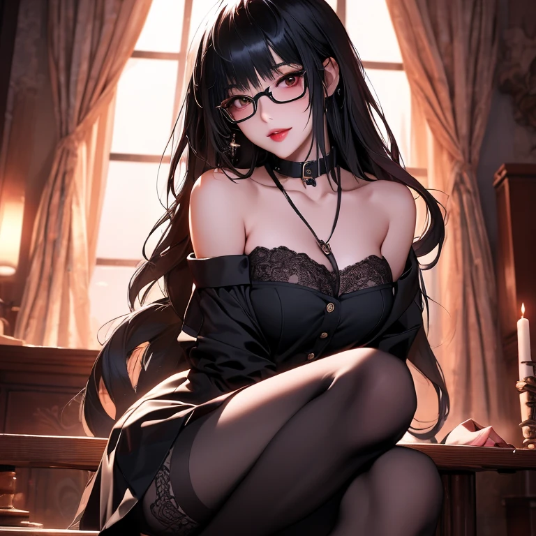 1 girl、Detailed facial details，16 years old，Handcuffs，Collar，Cat ear，Black long hair,Red lips，Slim，Dressed in black bunny girl，Black garter stockings，Large Breasts，Charming red eye，Handcuffs，collar，Radiant Skin，Book in hand，study，Sitting on the sofa