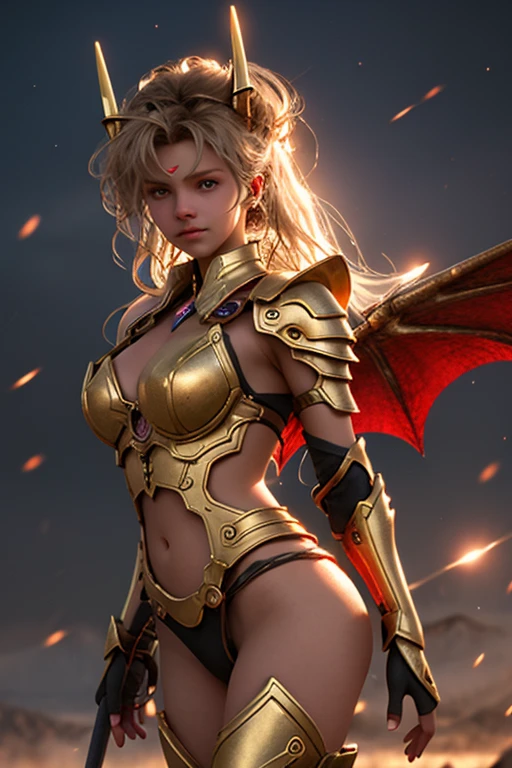 Professional , masterpiece、top-quality、photos realistic , depth of fields 、Idle Smile、(White Gemstone Body:1.9),(Matte white with gold pattern、(cleavage of the breast)、Jewel Gold Weapon、Particles of light、Gemstone Body White:1.4),Gorgeous gold weapons ,(( Dragon dense and gorgeous dragon sword)) , (demonic wings) ,warhammer 40k 、((White hair))、(Castle background)、(demonic wings)、((Gangle's forest background))、Beautiful Caucasian beauty、1a person、dynamic ungle,(((Two devil's horns on the head)))、Smaller head、Idle Smile、Thin and beautiful female hands、cleavage of the breast、Mystical expression、Light Effects、intense fighting、Wind-effect、magic circles、With the legendary magic wand、Dragon's tail、