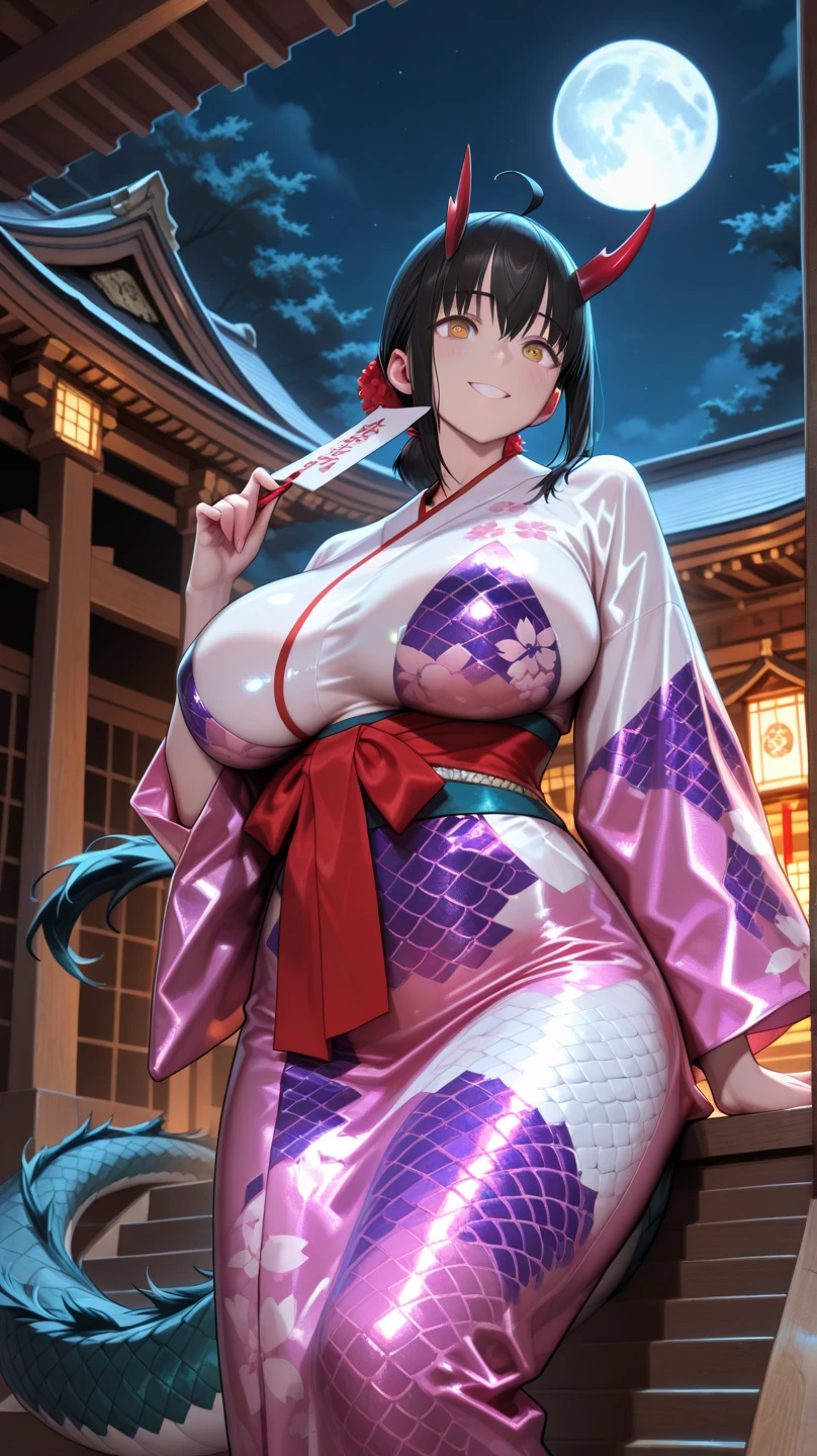 1girl, blunt bangs, braid, wide sleeves, hair ornament, japanese clothes, red obi, (purple hair:1.2), very long hair, straight hair, looking at viewer, highly detailed background, detailed eyes, red eyeshadow, depth of field, huge breasts, thigh, upper body, (solo:1.2), (cyberpunk city:1.1), cleavage, (finger on lips:1.1), Shiny skin