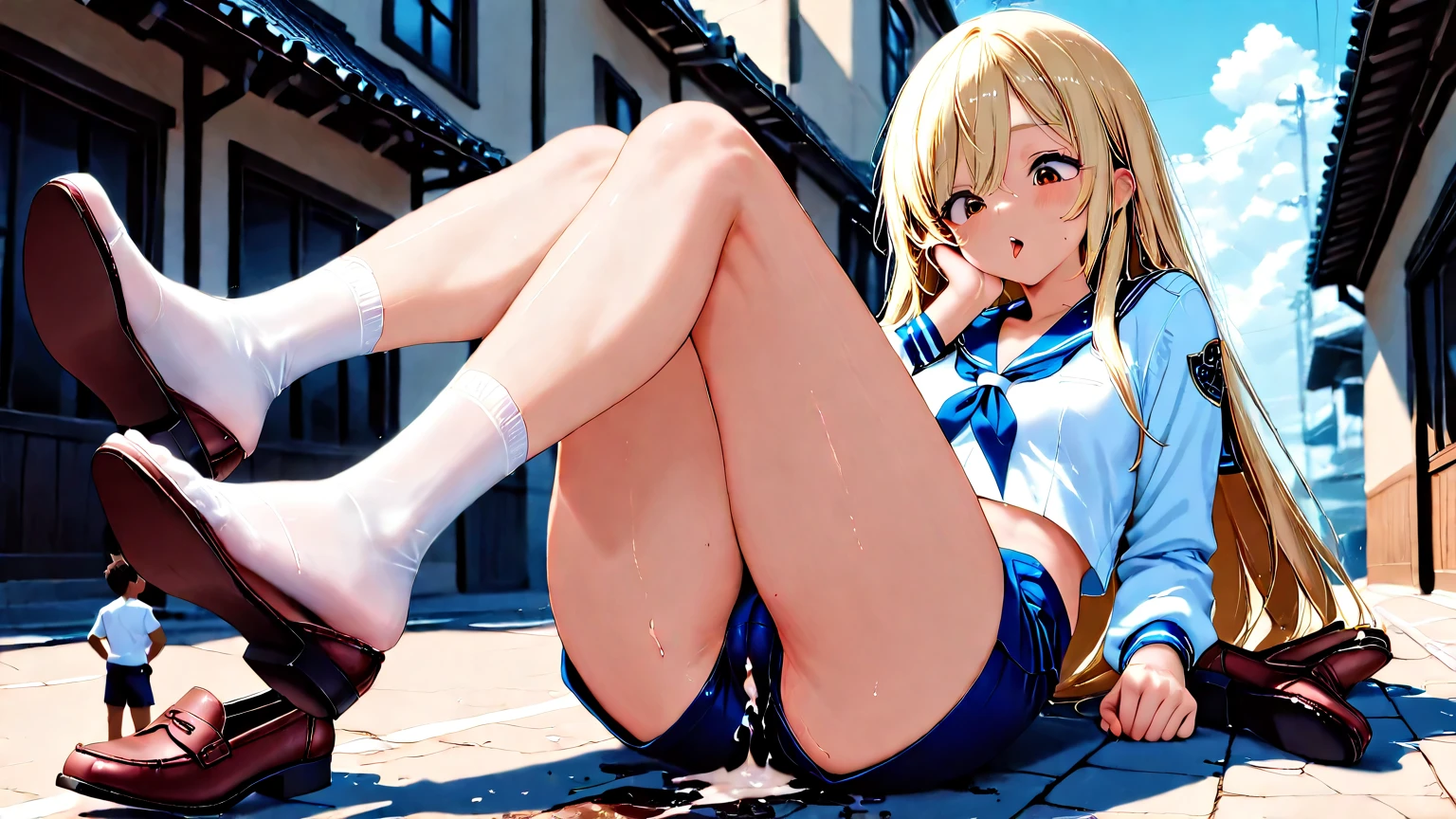 highest quality,wonderful,finely,Very detailedな CG ユニティ 8k 壁紙、(Several salarymen are sitting on the train:1.3),Station platform、whole body, (Sailor suit), (See-through underwear:1.3),(Butt crack:1.2),(Black Stockings:1.1),(Thighs:1.2),(Hip close-up shot:1.2),(Raise your leg 1.5)、(Open your ass yourself) (highest quality:1.2, Anime artwork, Very detailed, High detail, digital coloring, High Contrast, masterpiece:1.2, highest quality, Best aesthetics), (((kitagawa marin, 1 girl))), Blonde Hair, Straight Long Hair, Pink gradient hair, Red eyes, Earrings, White shirt, Black choker, Blue tie, Check skirt, Wet vagina、Semen overflowing from the vagina、