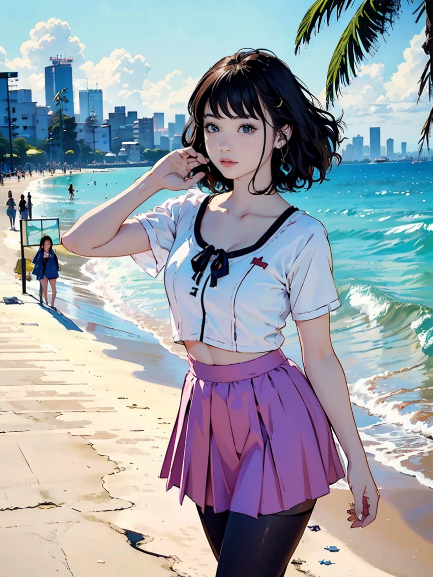 A lightly dressed woman rides in an open car、Please draw an illustration of someone running along a road by the sea.。The woman&#39;s expression is cheerful、In the background you can see the white sand beach and the crashing waves of the ocean.。Expresses a scene that captures a refreshing summer moment.。
