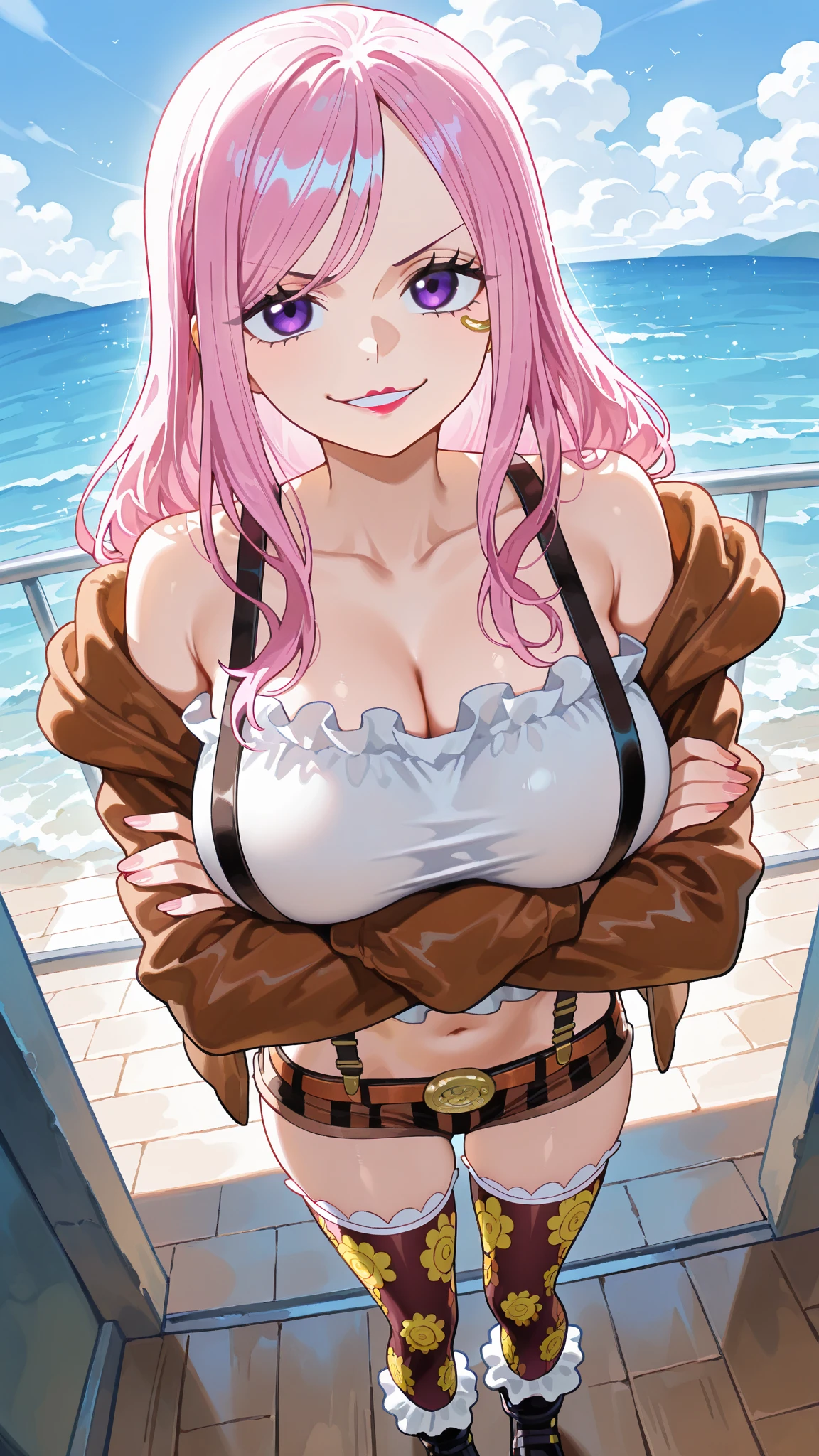 (cutesexyrobutts:0.9), (score_10, score_9_up, score_9, score_8_up, score_7_up, score_6, score_5, score_4, source_anime), (digital painting), (fine line work), (best quality), (extremely detailed), (highest quality), (intricate linework), (intricate details), more detail XL, 1girl, solo, cowboy shot, nakano nino, pink hair, butterfly hair ornament , cleavage, medium breasts, original outfit (hat, jacket (open) ,eyewear on head) , outdoors, smile, model poses
