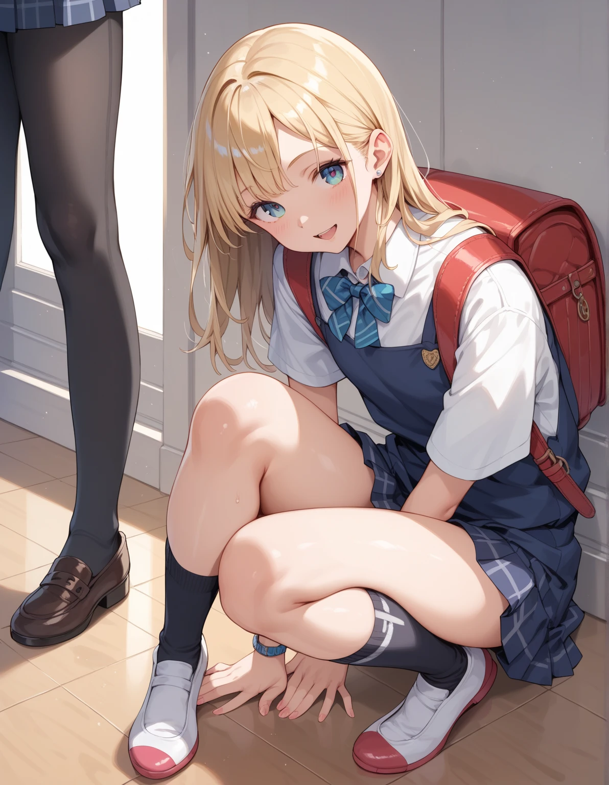 School corridor、Beautiful girl squatting、throw, ((Positive)), expensive 、Short skirt,((I can see your panties:1.4))、Dropped the document、Documents are scattered、Low Angle、short hair、blonde