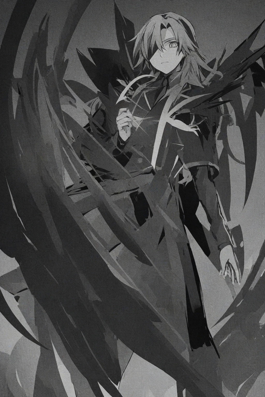 full-length, skinny guy, long arms, gray skin, torn dirty robe, tall, long legs, torn pants, torn shoes, one eye closed