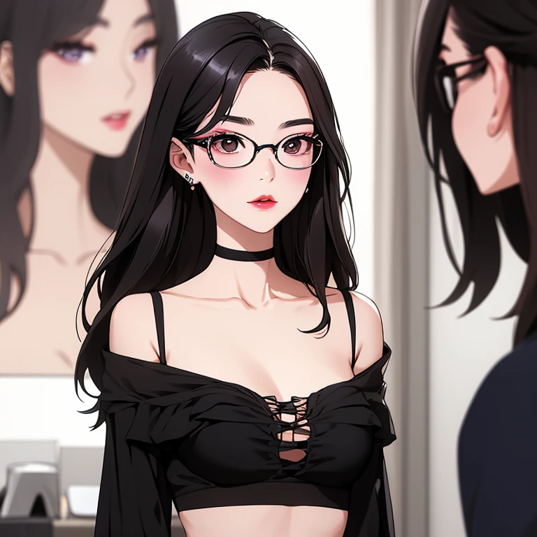 Female character long black hair dark brown eyes with clothes (Feminine and elegant) with glasses(purples) ,of medium build accompanied by five Hargreaves from The Umbrella Academy