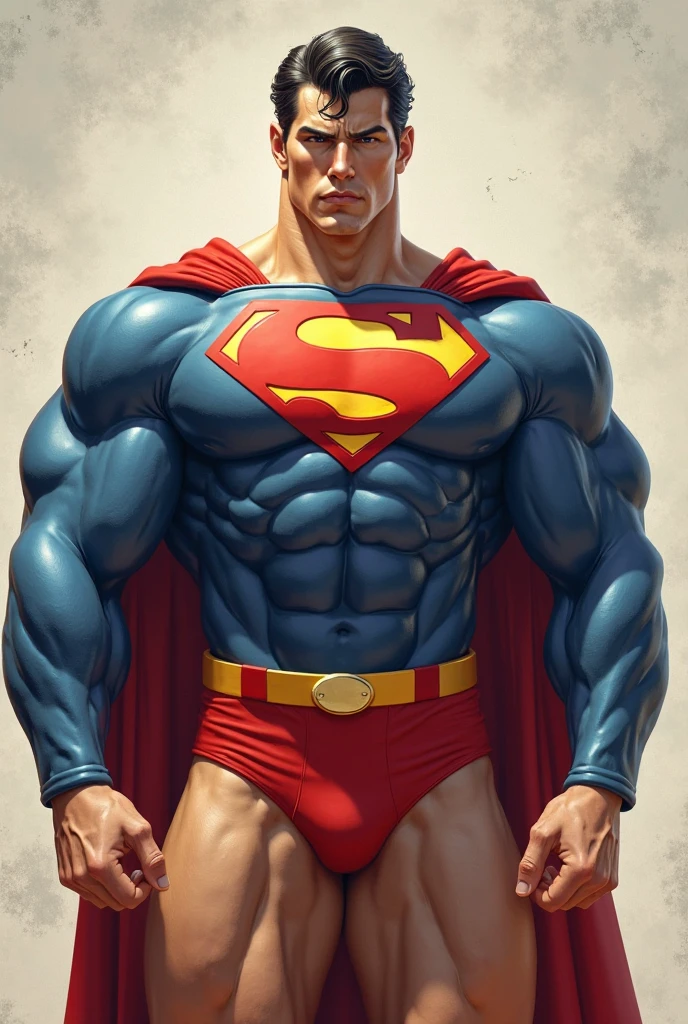 The Big show as superman with enormous muscles, wide huge pectorals dressed as a superman, hairy chest, full body, abnormal, oversizing crotch bulging crotch,