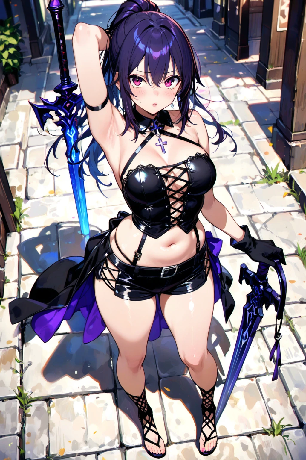 masterpiece, best quality, ultra detailed, watercolor and oil painting fusion, hot black artwork, white line art,  beautiful woman, 1 woman, kafka, beauty, perfect anatomy, perfect eyes, perfect fingers, perfect hands, anime girl, sexy bikini, thight, ass, breast, purple hair, seductive smile, full body, at night background, seductive, hot, spicy,