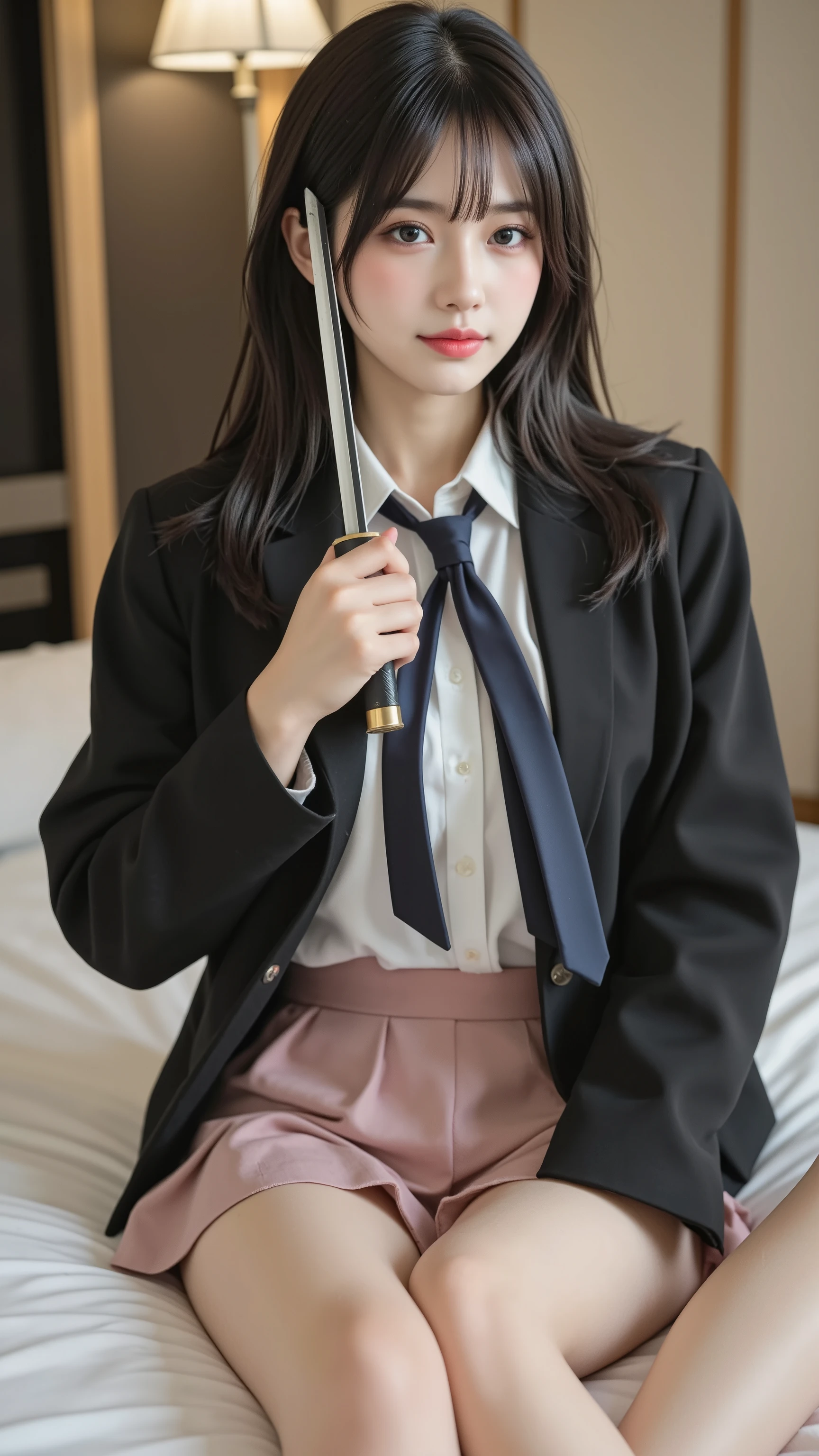 ((masterpiece, top quality, high definition, Ultra-fine)), Japanese High School Student,(realistic:1.5)、Smile Yan、Pink Areola、closed mouth、 Sharp Mouth、shiny lips 、Long hair in the book ,(Beautiful Black Hair:1.5)、College Uniform,( Black Blazer ,necktie, Dress Shirt,pink very short mini pleated skirt)、textured skin to point a sword at your opponent、big breasts、Chest Valley、Japanese-style room at a ryokan、((lying on the bed))、with broken wings facing the front、anatomically accurate from behind, High Precision CG Synthetic 8K Wallpaper, high definitionのRAWカラー写真, professional photo shooting, has a light on the side, Back has a light on the side, Impressive, written border depth, (face close-up), (perfect anatomy:1.2)