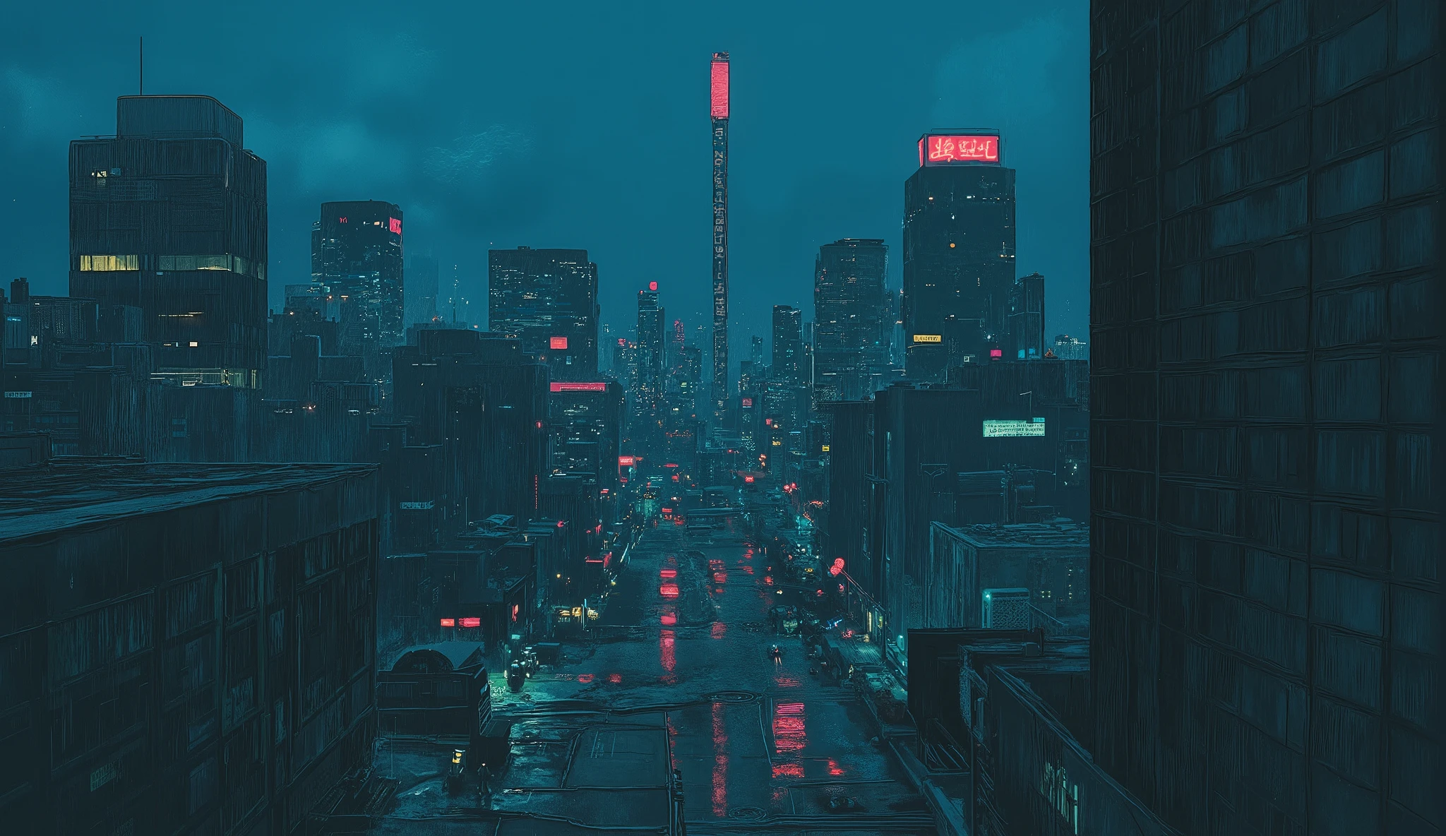 Illustration,ArsMJStyle , vaporwave,a digital painting of,in the style of simon-stalenhag,The photorealistic, meticulous visuals embody the world of Katsuhiro Otomo's "AKIRA." The stunning realism of 8K resolution vividly depicts the unrealistic dark space. The lighting is reminiscent of '80s anime. Rain pours down on the streets of Neo-Tokyo. The camera is shot from a helicopter. Aerial shot.
Cutting: A bird's-eye view of the buildings of near-future Neo-Tokyo.
Rain continues to fall.
A view of the cityscape from a helicopter.
Evoking the world of Katsuhiro Otomo's "AKIRA."
