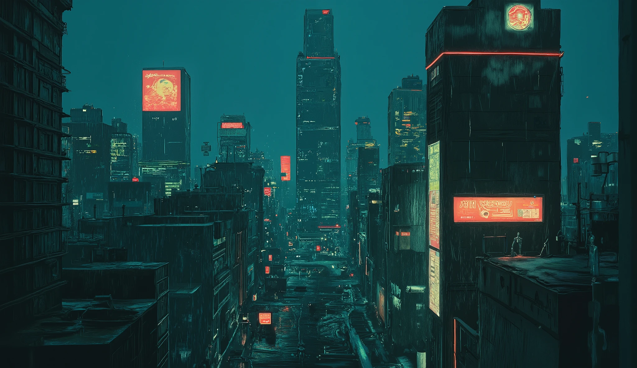 The photorealistic, meticulous visuals embody the world of Katsuhiro Otomo's "AKIRA." The stunning realism of 8K resolution vividly depicts the unrealistic dark space. The lighting is reminiscent of '80s anime. Rain pours down on the streets of Neo-Tokyo. The camera is shot from a helicopter. Aerial shot.
Cutting: A bird's-eye view of the buildings of near-future Neo-Tokyo.
Rain continues to fall.
A view of the cityscape from a helicopter.
Evoking the world of Katsuhiro Otomo's "AKIRA."
