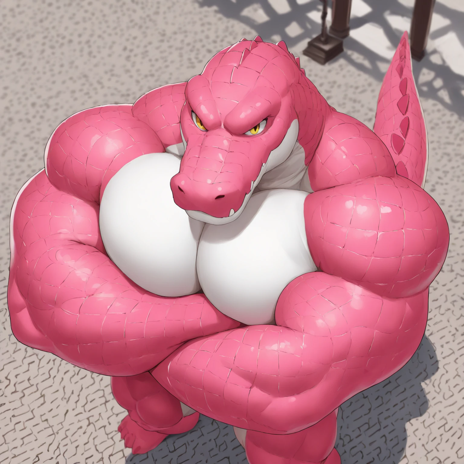 e621 explicit content (by adios, by grandall, by null-ghost), anthro, kemono, (fully naked:1.7), (detailed scales), muscular, huge body, (scalie), (erection:1.5), squatting, legs spread, (hands behind head), (witch doctor(terraria)), (barely visible anus), (tight anus), (balls:1.3), pink penis, (full body), ridged penis, (simple background), front view,, (tail), (nude:1.7), posing,