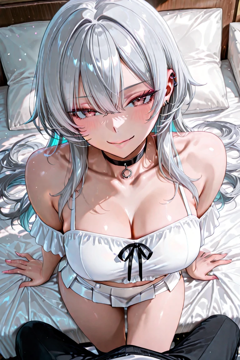 work of art, highest quallity, ultra high definition, higher resolution, very detailled, clean skin, アニメ, whole body, Kale, Six-headed body, 苗条, very cute, lollipop, 40 years old, Eyes red, braided hair, sleeping, Wide open legs, raised legs, White attire, bunny ears, Little bunny, half-shed underwear, wetclothes, light skin clothes, clothes with visible spikes on the chest, sweat, clothes that show through, breasts sticking out of clothes , Clothes that show the belly, underboob, embarrassing, blush, show, neckleace, crotch shows through, transparent areola, silver hair, braided, open pubic region, show pubic area, vaginal injection