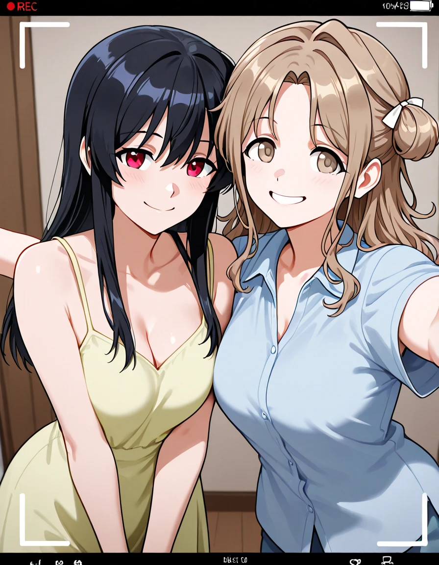 realistic, 2girls, ((selfie)), brown eyes, body close together, looking up, cleavage emphasis, cleavage enhancement, mouth wide open, smiling, face extra large zoom, sitting on bed, sexy, (bare shoulders), (covered nipples), (camisole), (lace-trimmed), (shorts), (dolphin shorts)