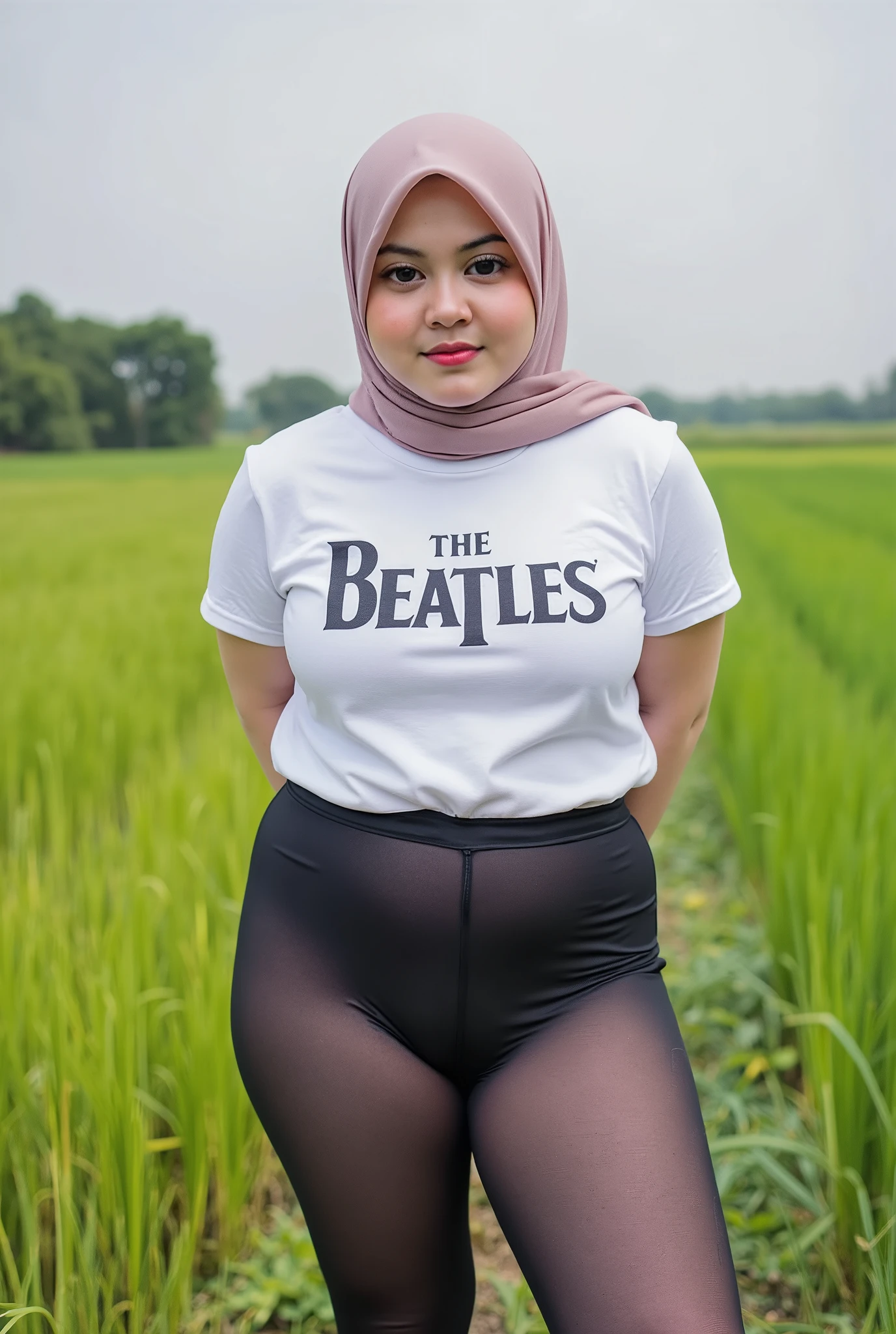 Just Front photo, wear a loose drop Looks like a little rubber panties pastel translucent (black) leggings closed my center, Tetek besar melayut, hijab hijab hijab hijab, (photorealistic:1.6), background rice paddy. daytime atmosphere, don't put any rope! flat chest!, duduk di atas kerusi kaca, hands behind back while legs astride, view from front, wearing short t-shirt The Beatles logo print, (chubby body)