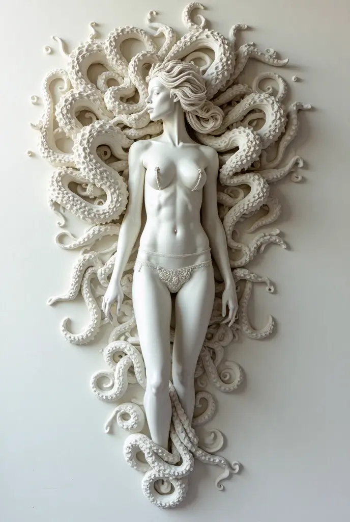 Black-and-white photograph of a surrealistic, nearly vertical monolithic sculpture, crafted with hyper-realistic silicone. The sculpture features fragmented parts of bodies and faces from three to four nude men and women, growing out of each other in a chaotic, non-anatomical arrangement, with no whole bodies remaining—everything is wildly reconstructed. The emphasis is on sexualized forms, prominently featuring breasts, buttocks, and genitals, merging and intertwining in unpredictable and disorderly ways. Additionally, the sculpture incorporates numerous parts of May fauna, including claws, tentacles, and shells, further adding to the chaotic, organic complexity. The piece combines lifelike textures, skin tones, and natural elements, creating a striking, provocative composition. Towering and imposing, it blends classical and modern sculptural elements, with dynamic, fluid forms captured in dramatic lighting within a dimly lit art gallery.