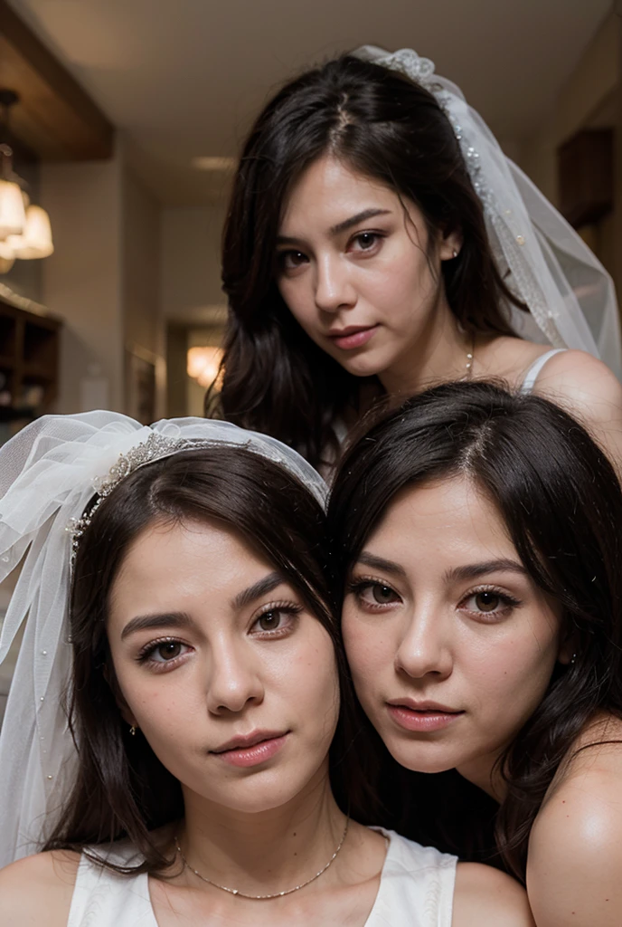 Isabel Merced, group of girls in colored wedding dresses, (long bob_cut hair), choker, (kissing:1.3), (skin texture:1.1), (high detail face:1.1), full bodyshot, high detail body, high detail clothes, (big breasts:1.3),(masterpiece), (realistic), ultra high definition, 4k, ultra high resolution, cinematic lighting, rim lighting, photo by Arny Freytag, RAW image