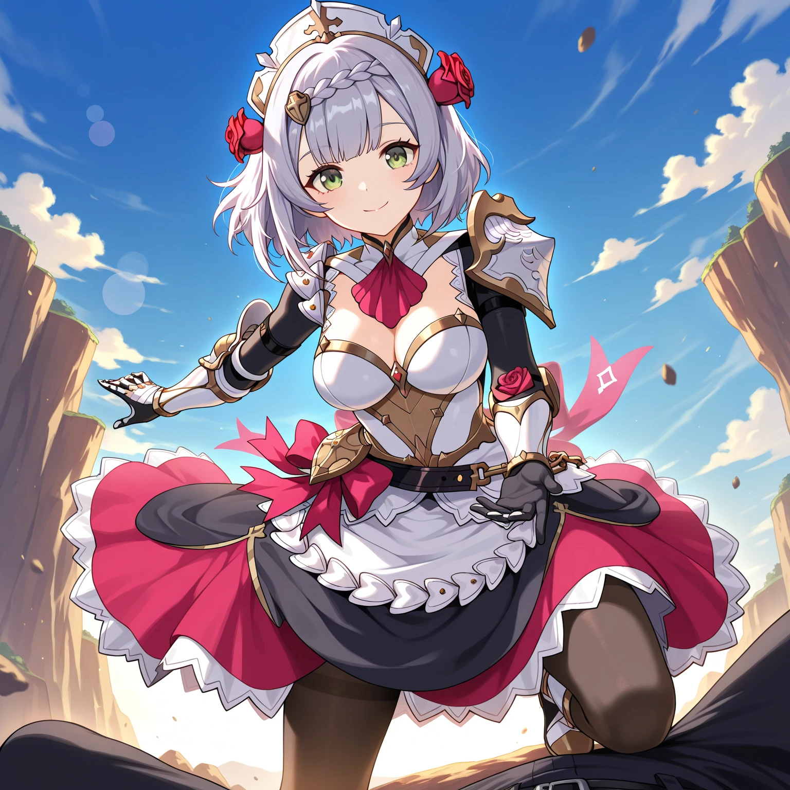 Masterpiece, Best Quality, illustration, fighting pose, 1 girl, Noelle Genshin Impact, short silver hair, green eyes, maid skirt with red side parts, Maiden Knight, Maiden Knight armor, Castle Bridge, water,