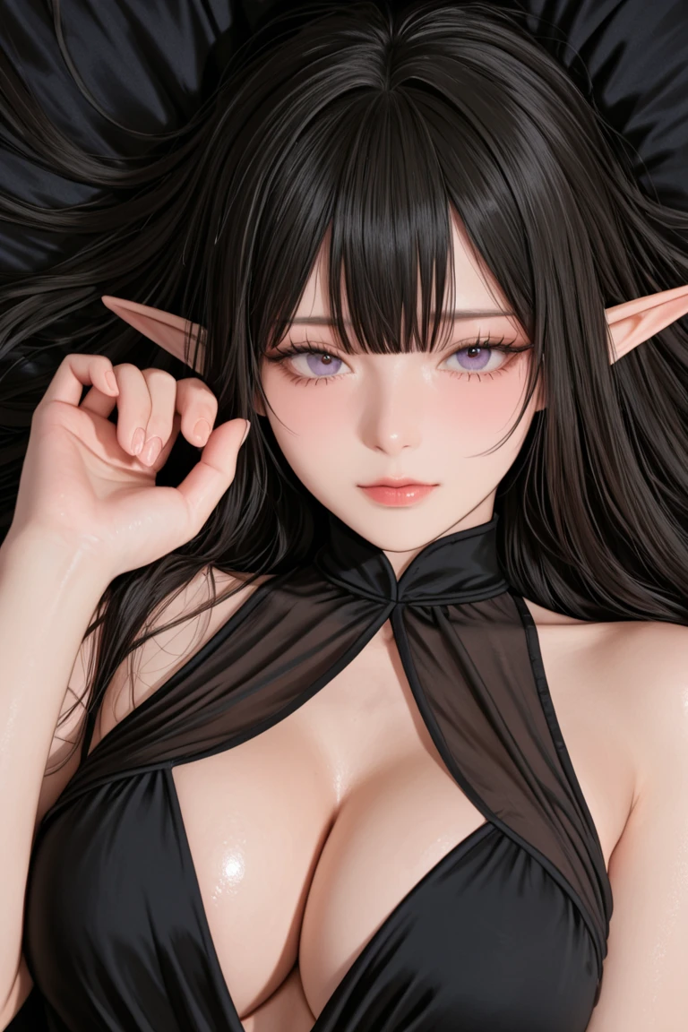 (masterpiece, best quality, highly detailed, realistic, ultra realistic), ultra realistic 8k CG, extremely beautiful, (extremely beautiful and detailed eyes), deep eyes, intricate iris, (beautful detailed face:1.2), (long black messy hair), long black dragon horns, eyelashes, gigantic breasts, blush face, pointy ears, oily skin, glowing skin, (gigantic breasts, beautful lady, red eyes, demon gril),