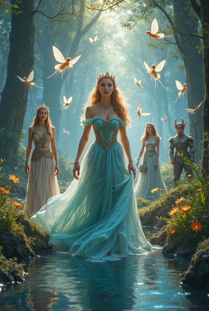 "A full-body shot of a realistic fairytale scene in a magical palace in a beautiful magical forrest, bathed in sunlighting."Beautiful pastel colour pallette." "A fairy queen 1 with realistic striking big blue eyes with eye makeup and a serious, direct gaze at the camera with golden extra long hair." " A Fairy queen 2 with golden-brown long curly hair in a thin light blue dress is standing by clapping her hands, looking at fairy queen1 with staring thorough detaled blue bright eyes and (shocked look with open mouth), perfect shaped pearly white teeth and pursed lips". "Singing fairy princess with a long white hair in a sheer golden wet transparent dress outfit, big breasts, thin waist, big butt, looks provocative with her mouth almost sedusive at fairy queen 2 laughing."  Fairy queen 4"doing hand stand with both hands on floor, wearing a thin blue/green dress" "Her gold delicade fairy-crown, is hanging by the ends of her hair""The lighting is natural and bright, highlighting their features and casting a soft glow around their hair, creating a high-contrast effect that emphasizes the subject's presence. " "Elf king is sitting on a royal chair in a elfie chlothes." "A white rapid sits in on a decorative dining table1:1" "while a rainbow colored bird perches on the top of the thin royal thrown". The scene includes a messy fairy queens in a beautiful and magical forrest palace. "The vast environment paints a magical but weird admosphere". # Configuration settings clip_guidance_scale = 20 # High adherence to the detailed prompt, emphasizing facial features hr_scale = 2.0 # High resolution to capture intricate details in the hair and face. hr scale =2.0 # Perfect human female body. Best hands 1:1, super realistic hair 1:1, hyper realistic eyes 1:1, extra detailed delicate moist skin, most detaled and realistic face 1:1. #A realistic stage with thorough details and clear focus on the queens. 