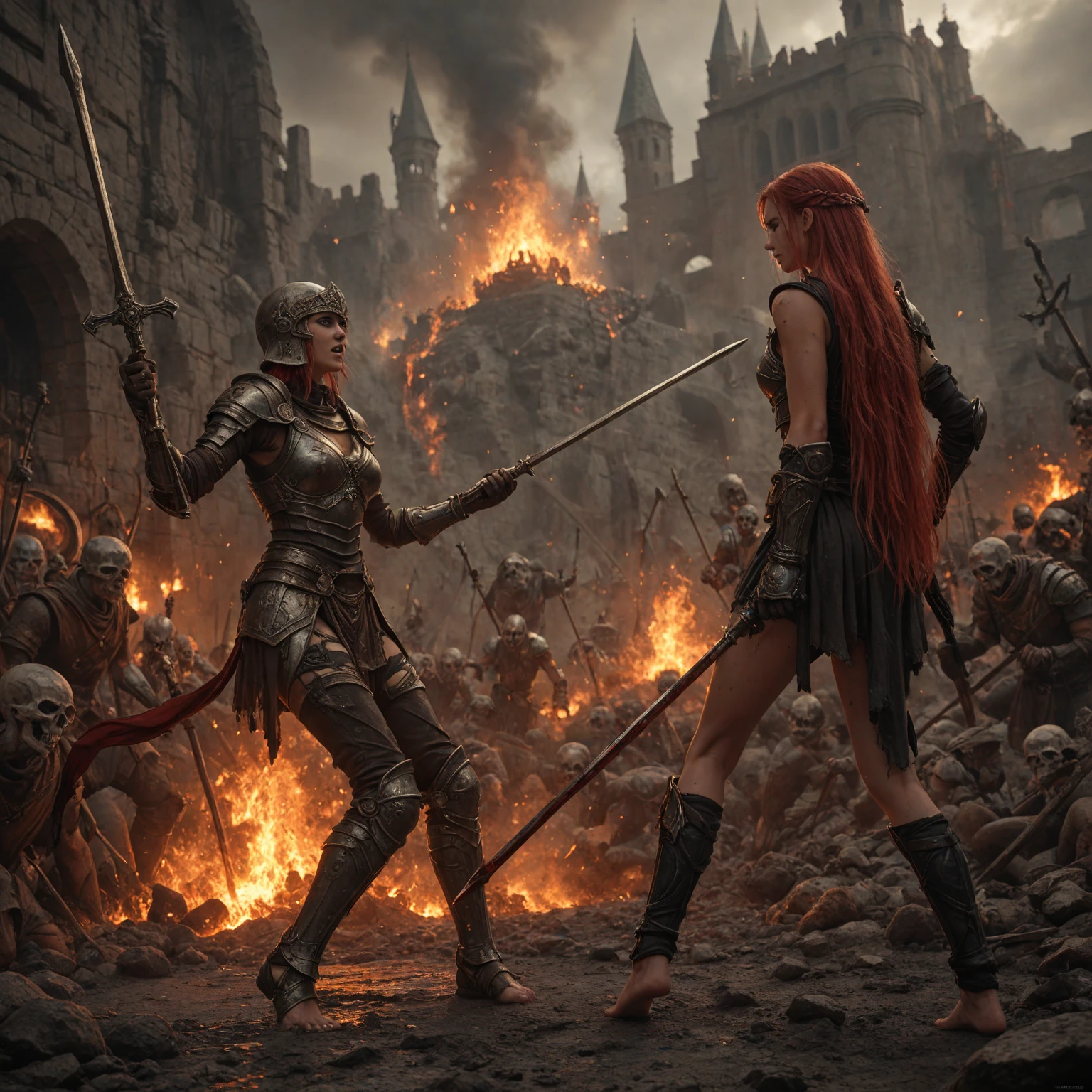 photo realistic, ultra details, natural light ultra detailed portrait of two happy female necromancers pointing a finger at an epic fantasy battlefield with crowds of knights and arrows in the skies and castles on fire, pointing a finger, fingerless glove, skeleton face volumetric fog, Hyperrealism, breathtaking, ultra realistic, ultra detailed, cyber background, cinematic lighting, highly detailed, breathtaking, photography, stunning environment, wide-angle", "text_l": "photo realistic, ultra details, natural light ultra detailed portrait of two happy female necromancers pointing a finger at an epic fantasy battlefield with crowds of knights and arrows in the skies and castles on fire, pointing a finger, fingerless glove, skeleton face volumetric fog, Hyperrealism, breathtaking, ultra <lora:sdxl_wojakpoint_v5-step00004200:1>