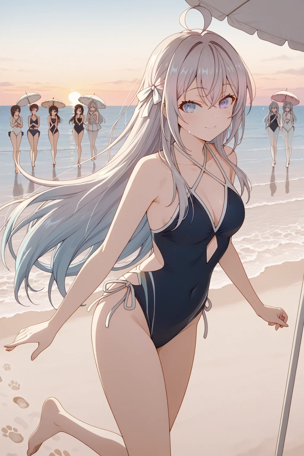 photo of anime girl on the beach with white hair and purple eyes, black bikini with and very hot with long hair and in a meeting with her friends with big ass and big tits doing ass poses