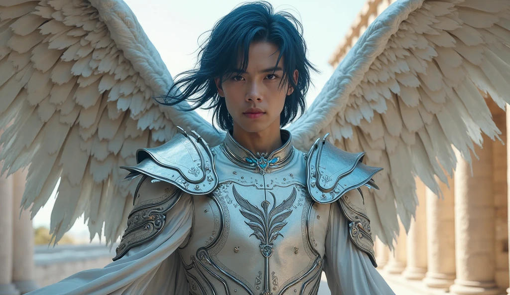 Male seraphim, four expansive wings reflecting an aurora and galactic theme, dark hair cascading beyond a stark jawline, bare chest exhibiting exquisite definition, loincloth ensemble, voluminous black leather cape captured mid-billow revealing intricate embroidery, fabric clasping, full-length stance, volumetric lighting accentuating muscle contour through shadow play and softened transitions, nose prominent with a slight upturn, enticing glare, celestial wings displaying spectrum hues, ultra-realistic, masculine yet ethereal