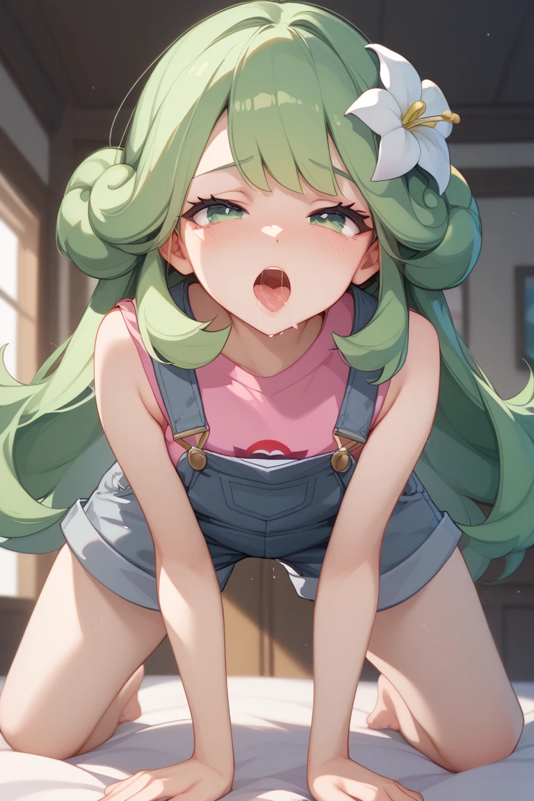 (Masterpiece), Best Quality, ultra-detailed, 1girl (zodiac_mallow, lovely small breasts, dark skin, green hair,  long hair,  twintails, headband, pink flower in hair, green eyes, half-closed  eyes), a  pained face,  , open mouth, Saliva, screams,  head tilt, nose blush, blush, facing viewer, looking at viewer, solo, black  jacket, leather jacket,undress,dark skin, bare  one 
shoulder,  white tank_top, covered nipples, cleavage, navel,  denim  short skirt, outdoors, street,  wall, against  the  wall, hang on person, spread legs, hands up, hands forward, sex,hetero, sex, sex from front, pussy, penis, cumdrip from her pussy , top view 
