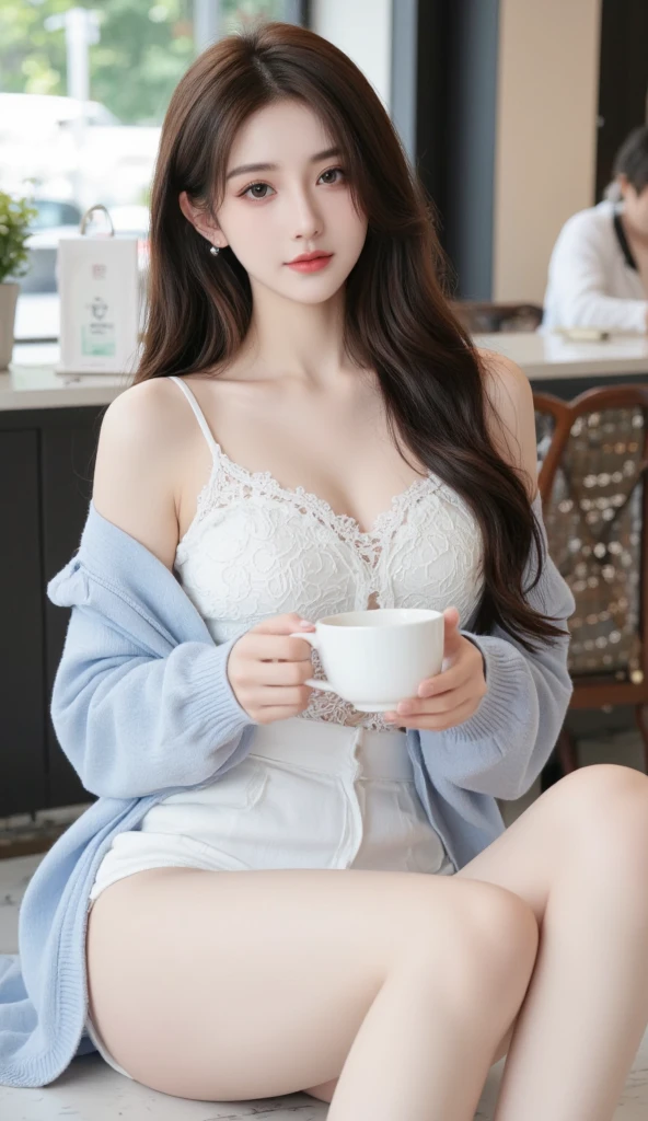 (RAW Photos:1.2), (Realistic), Beautiful detailed girl, Very detailedな目と顔, Narrow and beautiful eyes, Large file size, High resolution, Very detailed, highest quality, [Tabletop:1.6], shape, Very detailed, Finer details, highest quality, 8k wallpaper, Cinema Lighting, 15 year old Japanese girl, brunchの時間, Stylish cafe, brunch, Relaxed facial expression, In underwear,  White underwear is visible, White bra visible, White panties are visible, long hair, Slender body,  Small breasts, Exposed underwear,  おいしそうなbrunch, Hot Coffee