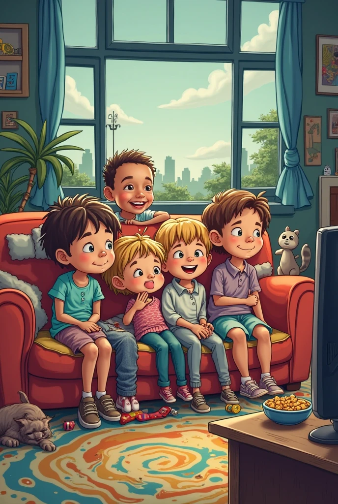 GROUP OF TEENAGERS IN THE ROOM DOING DIFFERENT DAILY ACTIONS CARTOON