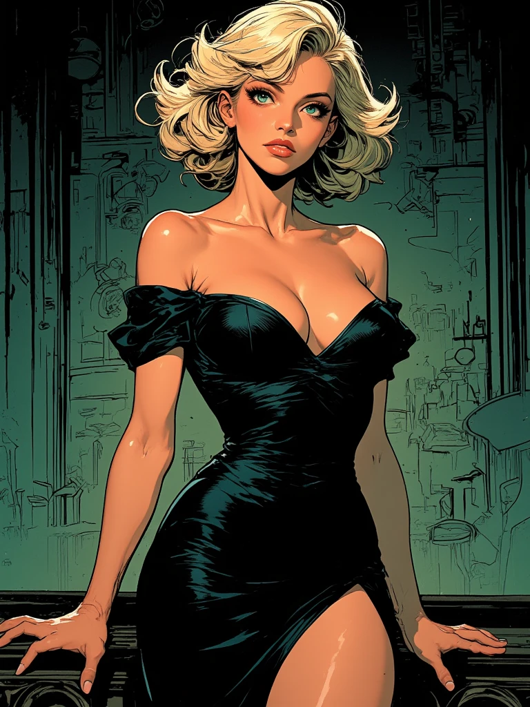 adult,2,Woman,short blonde hair ponytail,greeneyes,black elegant dress,black shoe,dark red makeup,dark red lipstick,big boobies,score_9, score_8_up, score_7_up, score_6_up, score_5_up, score_4_up