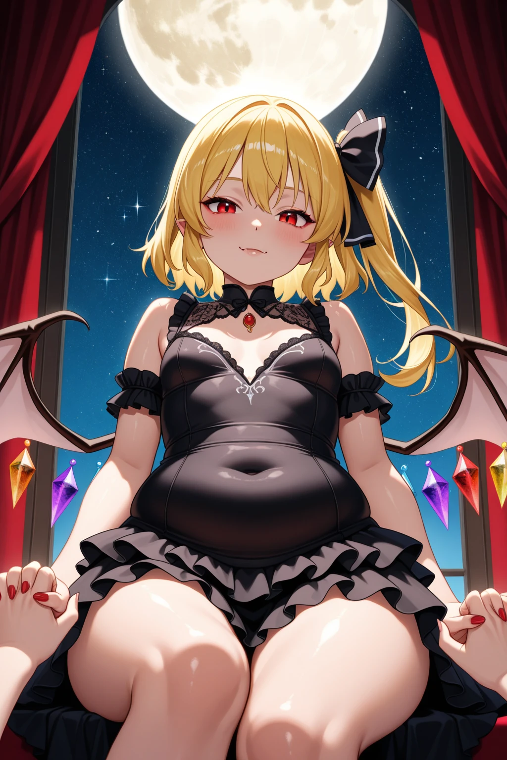masterpiece, top quality, super detailed, CG illustration, high resolution, better lighting, best shadows, very delicate and beautiful, proper shading, hd, 8k,flandre scarlet, 1girl, solo, looking at viewer, blush, smile, short hair, blonde hair, red eyes, animal ears, hair between eyes, bare shoulders, sitting, collarbone, wings, barefoot, alternate costume, rabbit ears, feet, leotard, bare legs, covered navel, fake animal ears, playboy bunny, crystal, white leotard, foot out of frame